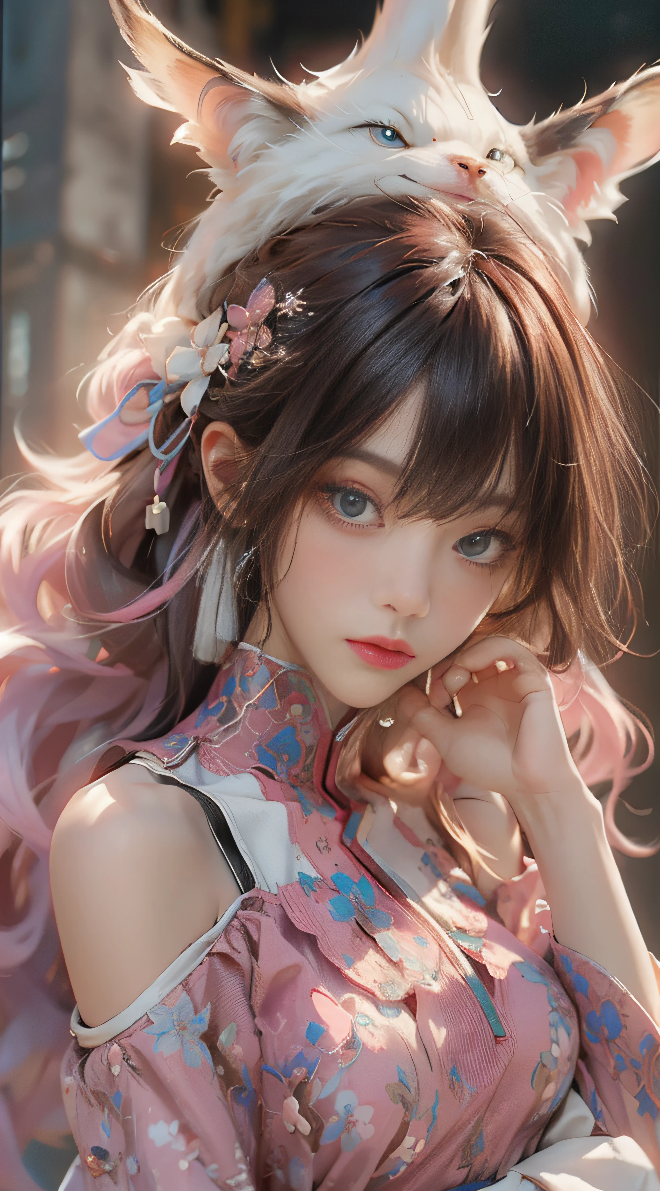 ((best qualtiy)), ((tmasterpiece)), (detail:1.4), Beautiful cyberpunk female images,hdr(HighDynamicRange),Ray traching,NVIDIA RTX,Hyper-Resolution,illusory 5,sub surface scattering,PBR textures,post-proces,Anisotropy Filtering,depth of fields,maximum definition and sharpness,Many-Layer Textures,Albedo e mapas Speculares,Surface coloring,Mitsu-Accurate simulation of material interactions,perfectly proportioned,rendering by octane,Two-colored light,largeaperture,Low ISO,White balance,Rule three points、8K raw data、Beautiful bright blue pupils,off-the-shoulder clothes,Fine pupils,Delicate face and eyes,long eyelasher,Blushlush,Delicate and fluffy hair,pink lip,Pure,Cute face,Sweet girl,Artistic sense,Casual wear,Advancedsense,butterflys,Cherry blossom petal,Beautiful hair accessories,Long hair and waist,Hair fluttering in the wind,Snow-white fox ears,curlies