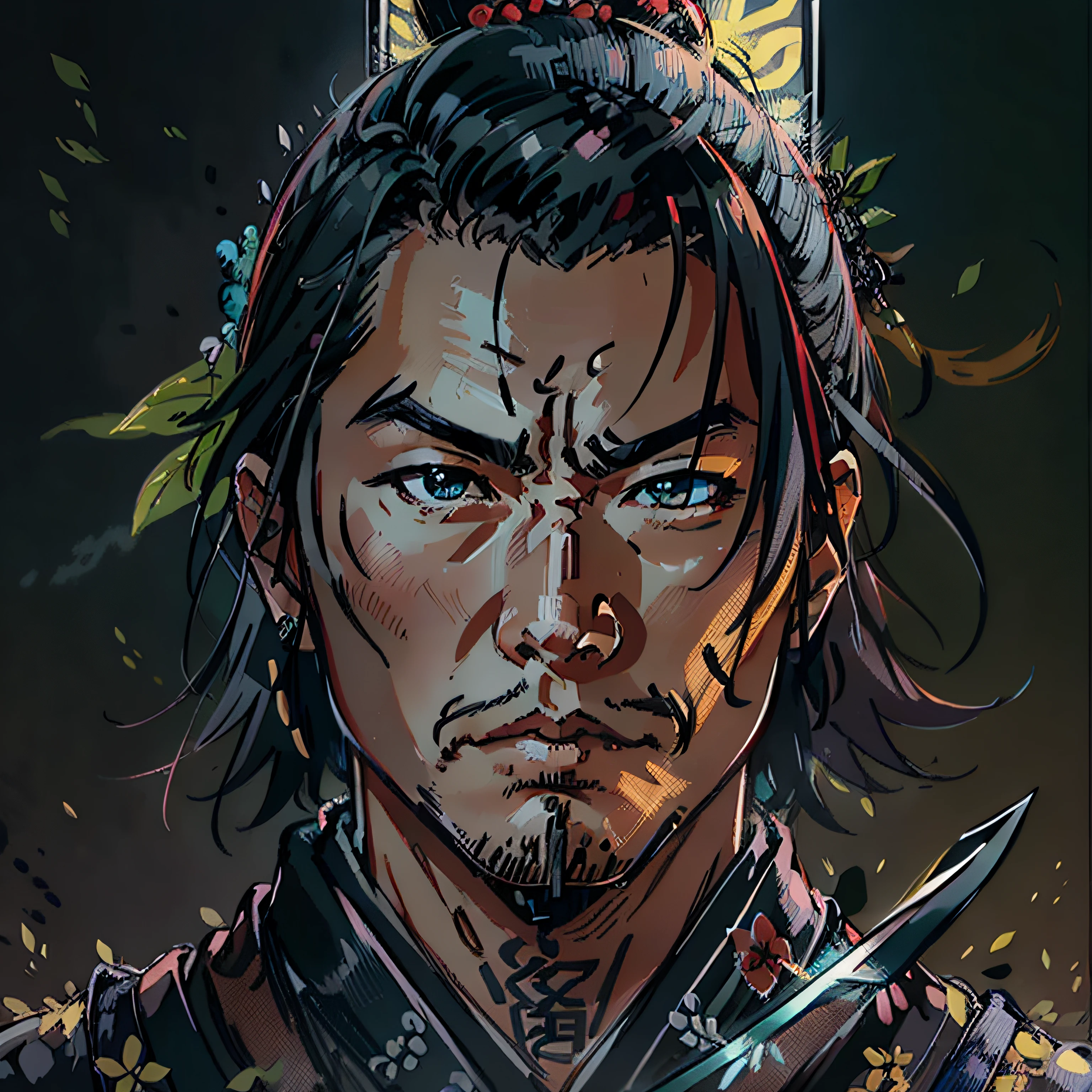 samurai, magic katana, male, close up portrait, asian look, rpg character, medieval fantasy
