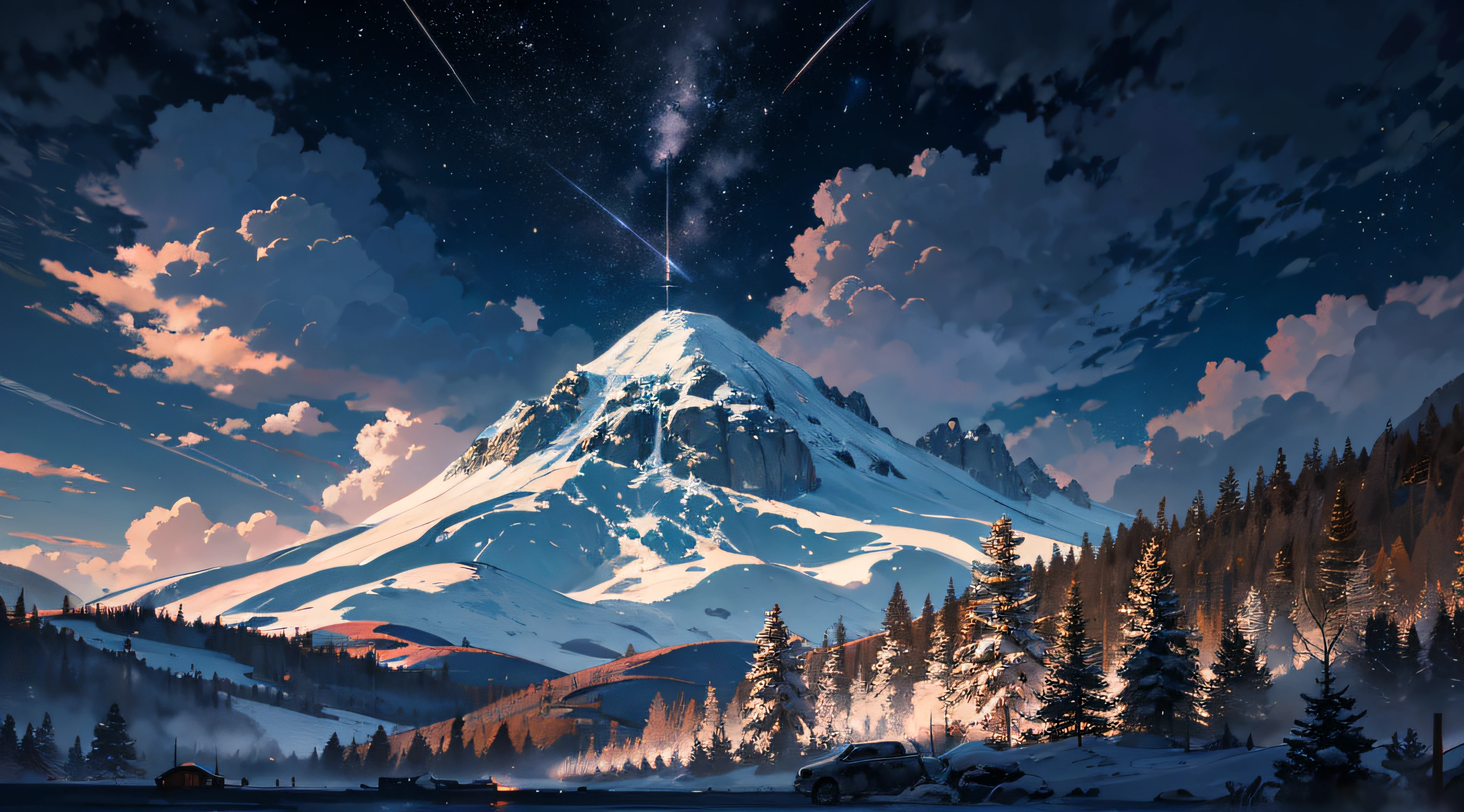 Expansive landscape photograph，（moon full：1.2），（meteors：0.9），（Starcloud：1.3），Far Mountain, Tree BREAK making art，（Warm light source：1.2），（glowworm：1.2），lamp lights，Lots of purple and orange，Complicated details，Volumetriclighting，Realism BREAK（tmasterpiece：1.2），（best qualtiy），8K，Ultra-detailed，（dynamic compositions：1.4），The is very detailed，Colorful details，（Irridescent color：1.2），（luminouslighting，Atmospheric lighting），dream magical，magical，（独奏：1.2），（（best qualtiy））， （（tmasterpiece））， （the detail：1.4），depth of fields，maximum definition and sharpness，perfectly proportions，Fluttering clouds，Wallpapers