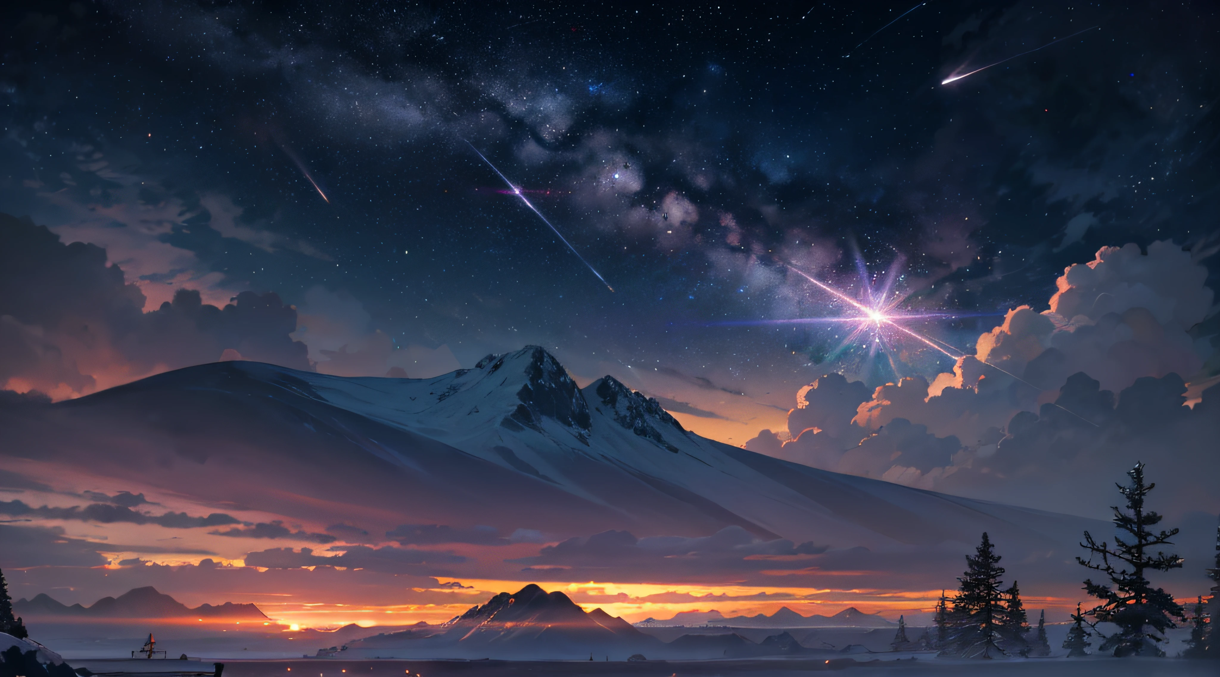 Expansive landscape photograph，（moon full：1.2），（meteors：0.9），（Starcloud：1.3），Far Mountain, Tree BREAK making art，（Warm light source：1.2），（glowworm：1.2），lamp lights，Lots of purple and orange，Complicated details，Volumetriclighting，Realism BREAK（tmasterpiece：1.2），（best qualtiy），8K，Ultra-detailed，（dynamic compositions：1.4），The is very detailed，Colorful details，（Irridescent color：1.2），（luminouslighting，Atmospheric lighting），dream magical，magical，（独奏：1.2），（（best qualtiy））， （（tmasterpiece））， （the detail：1.4），depth of fields，maximum definition and sharpness，perfectly proportions，Fluttering clouds，Wallpapers