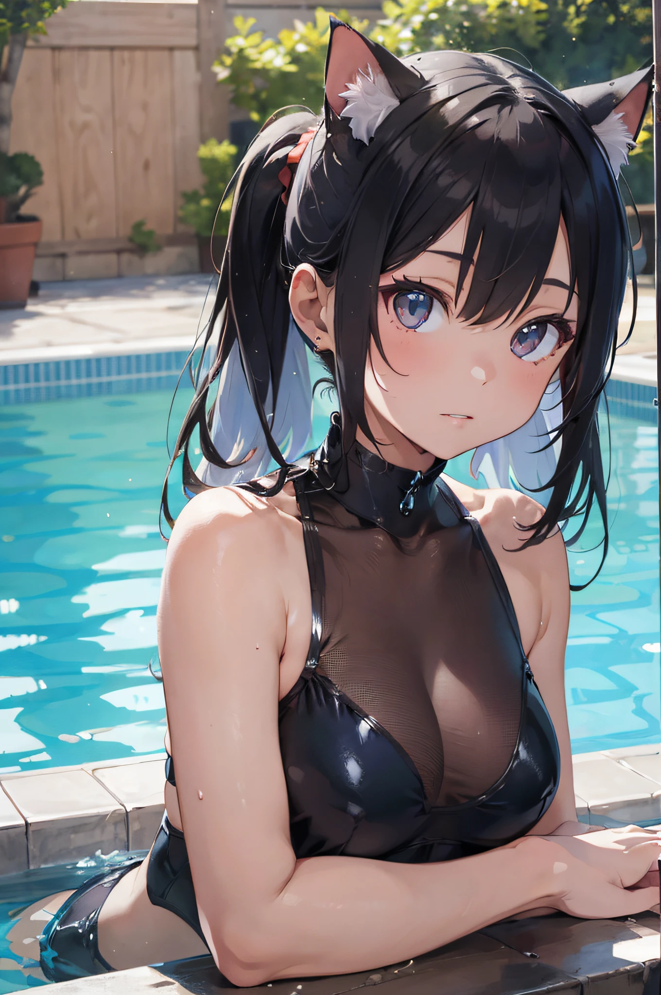 Beautiful fece, masterpiece, top-quality, hiqcgbody, animesque, 1girl in, Medium chest, Transparent transparent black swimsuit, portrait shot, Look at viewers, Outdoor pool, (silber hair),(Feline ears),poneyTail,wetted skin, intricate detailes,>,((coverd)