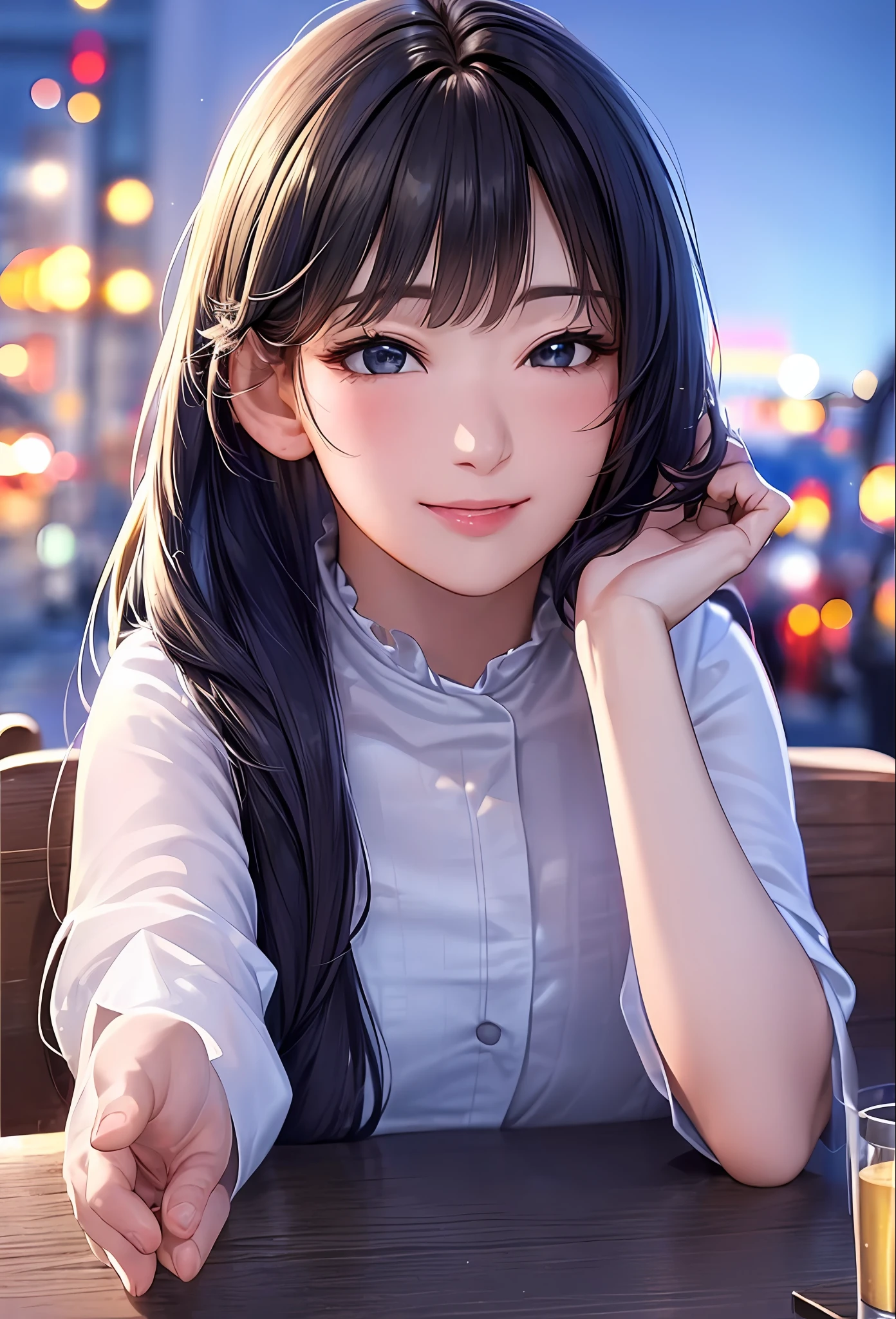 (8k, top quality, masterpiece: 1.2), (realistic, photorealistic: 1.37), super detailed, girl single, cute, solo, midnight, beautiful detailed sky, detailed café, sitting, date, (blush), (smile: 1.15), small breasts (mouth closed), beautiful fine eyes, floating hair NovaFrogStyle, back open dress