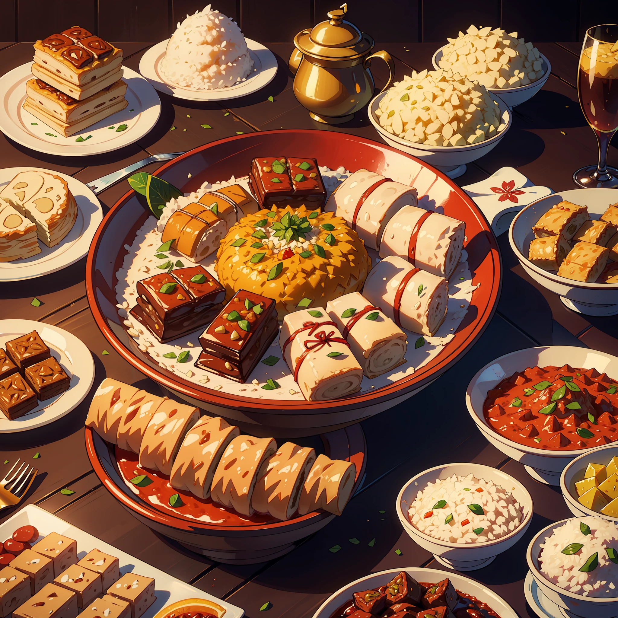 Create a mouthwatering visual feast showcasing a luxurious assortment of Eid delicacies, featuring tantalizing lamb or goat delicacies, fragrant rice dishes, and a tempting selection of sweets such as baklava and ma'amoul.