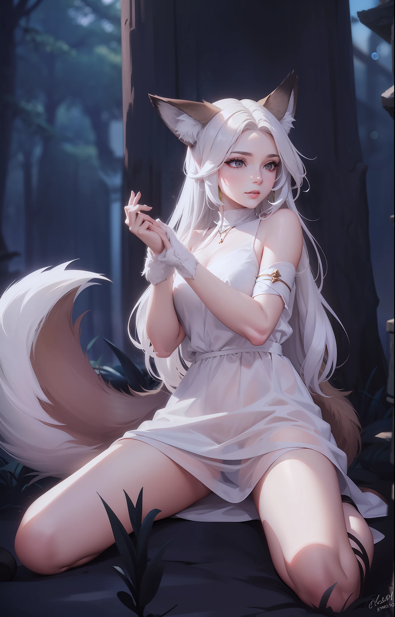 Beautiful woman with ear and wolf's tail very attractive with the best quality best effects best shadows best lighting 8k