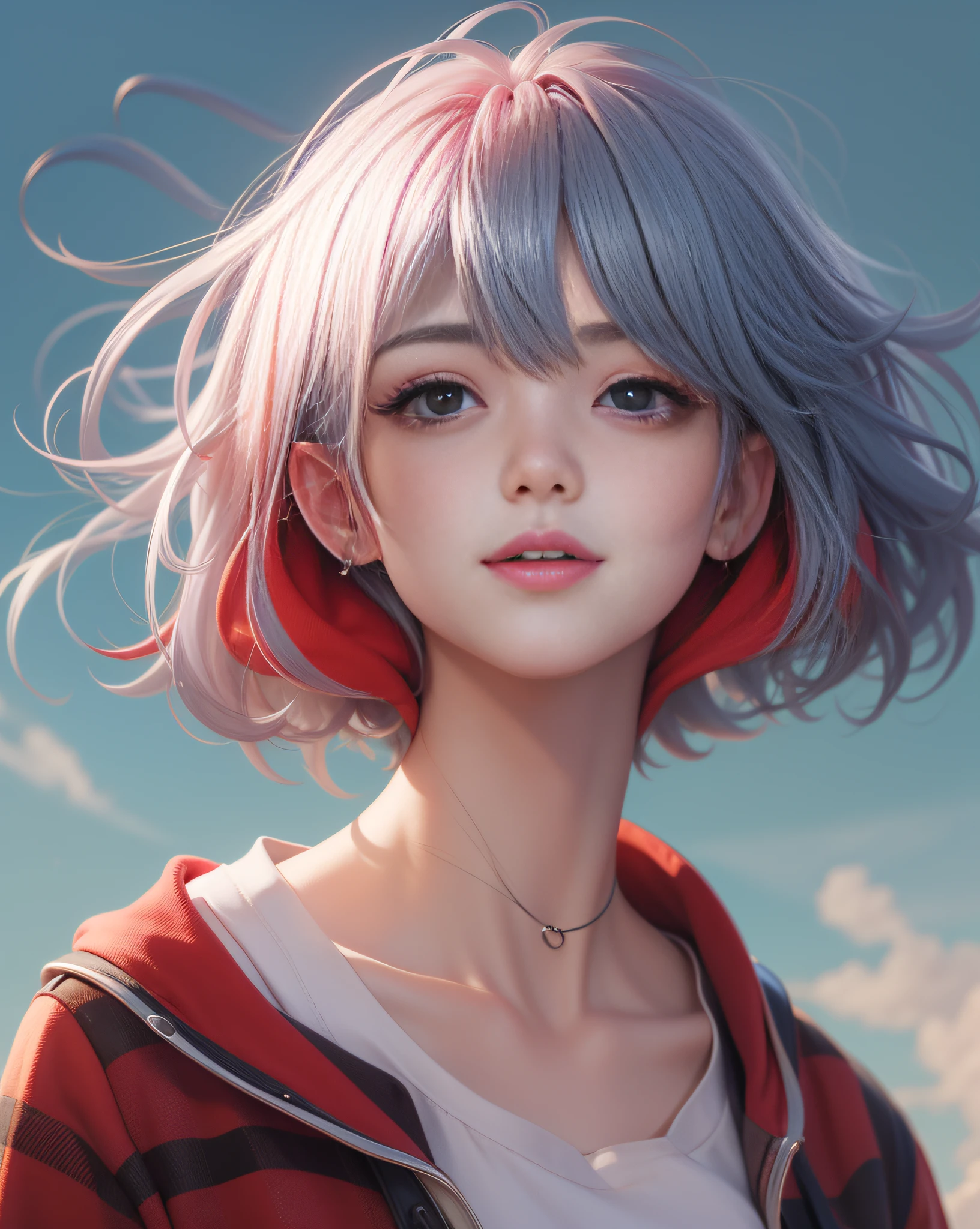 summer day、blue-sky、Summer Cloud、look up to、Red hoodie、The upper part of the body、A smile、a closed mouth、short-haired、oblique bangs、oblique bangs、top-quality, femal、独奏, white  hair, A dark-haired, piercings, two tone hair,  Parted lips, Black eye, s lips, gotik, Mole, colourfull、Red and fantastic world、hitornfreckles、The wind is blowing、Eyes sparkle、