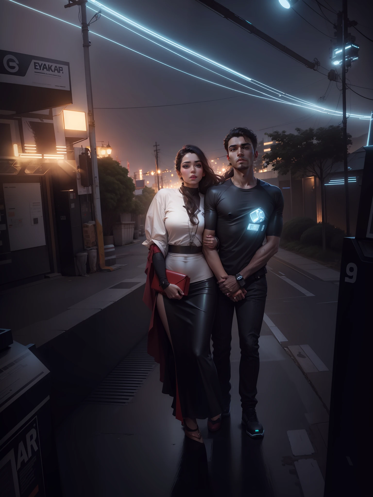 couple , robot hand  , robotic background, realistic face, 8k quality, realistic clothes