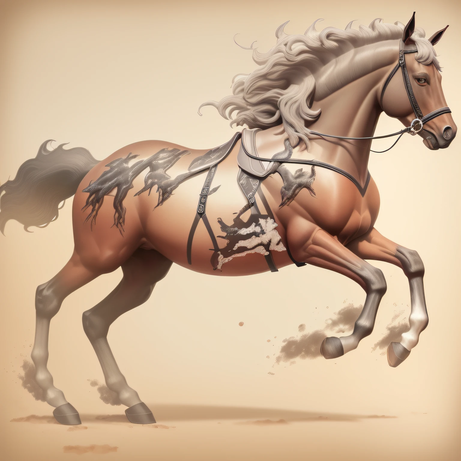 cavalo preto anatomicamente correto andamento gracioso com runas vermelhas neon gravadas em seu corpo, detalhes realistas.