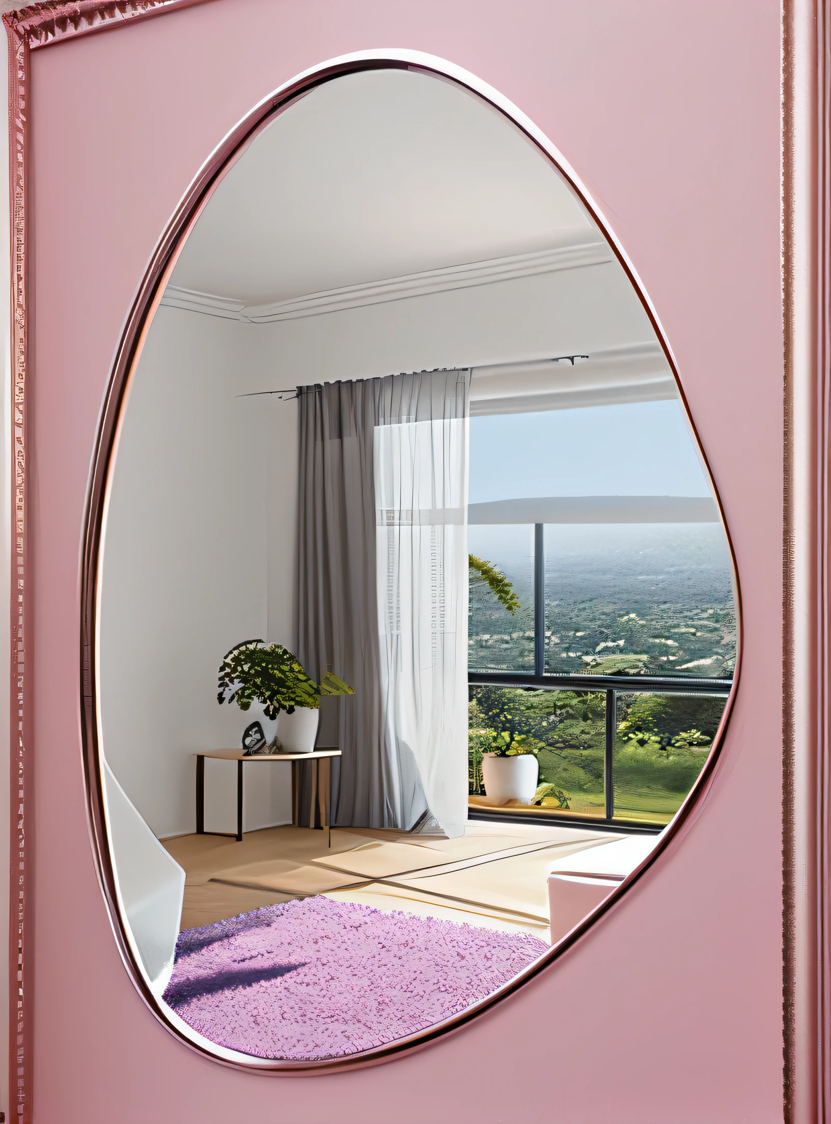 There is a mirror with pink frame  , mirror and glass surfaces, espelho redondo na parede, reflexo do espelho, Espelhos abstratos, Espelho retrovisor, cheio de luz natural, Zenith Vision, espelhos de realidade alternativa, olhando para um espelho, espelhamento, refletido em espelho gigante, alternate angle, reflexos do espelho, fundo do espelho, espelhos grandes, Vista