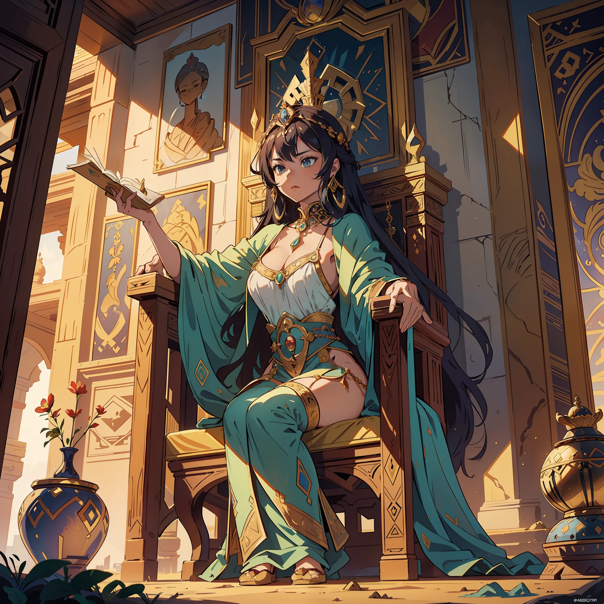 Step into a mesmerizing world of ancient splendor as you witness the grandeur of a Sub-Saharan Queen seated regally on her throne in a magnificent desert palace. This Leonardo.ai prompt offers a captivating cinematic low-angle shot, immersing you in the opulence and power of a powerful monarch ruling over a vast and arid kingdom.