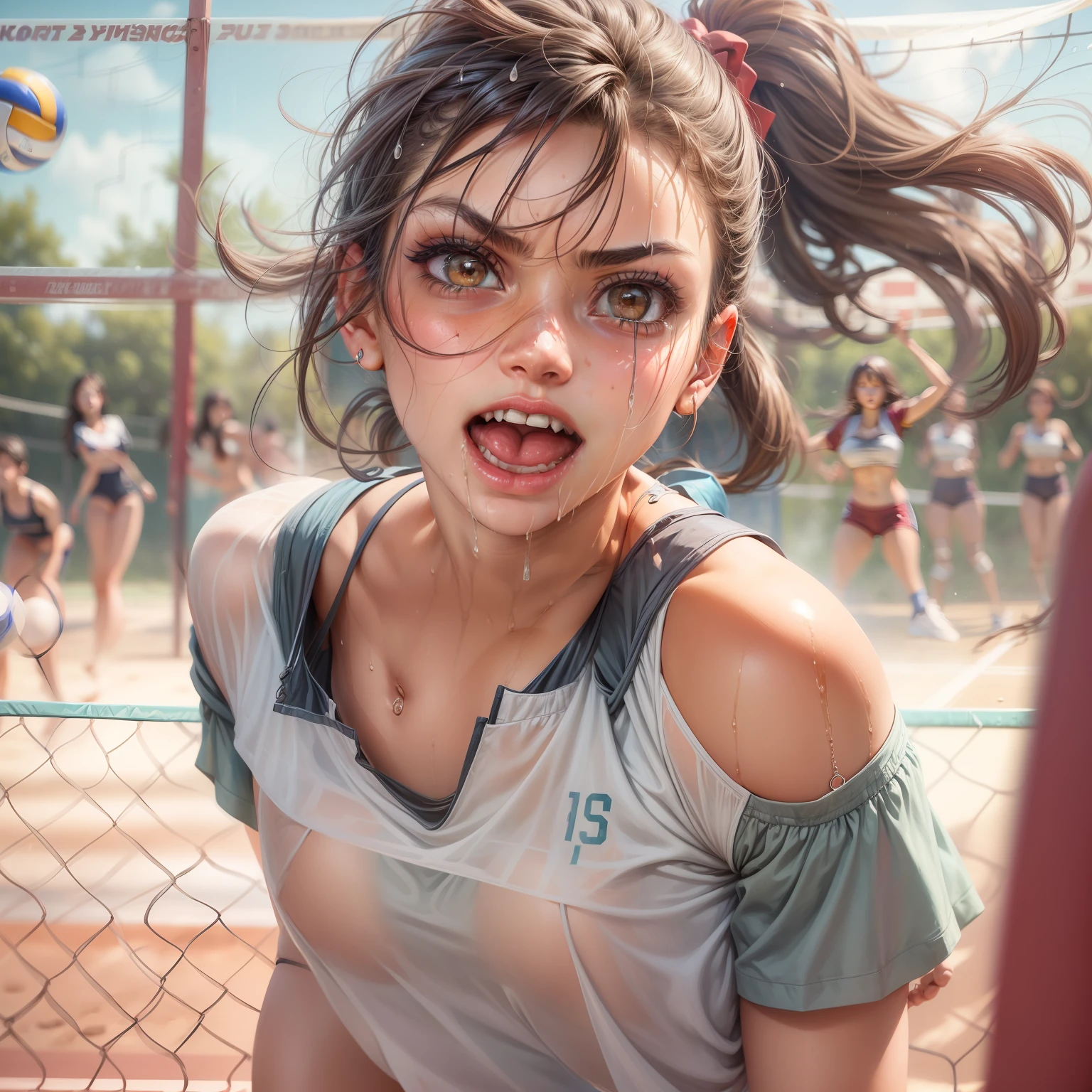 Masterpiece,  1 girl, volleyball court, Zehra Gunes, T-shirt with short sleeves, halter neck t-shirt, Small round breasts, Full-length, naked legs, All wet, Short shorts, Excited, Angry look, is looking at the camera, Sunny weather