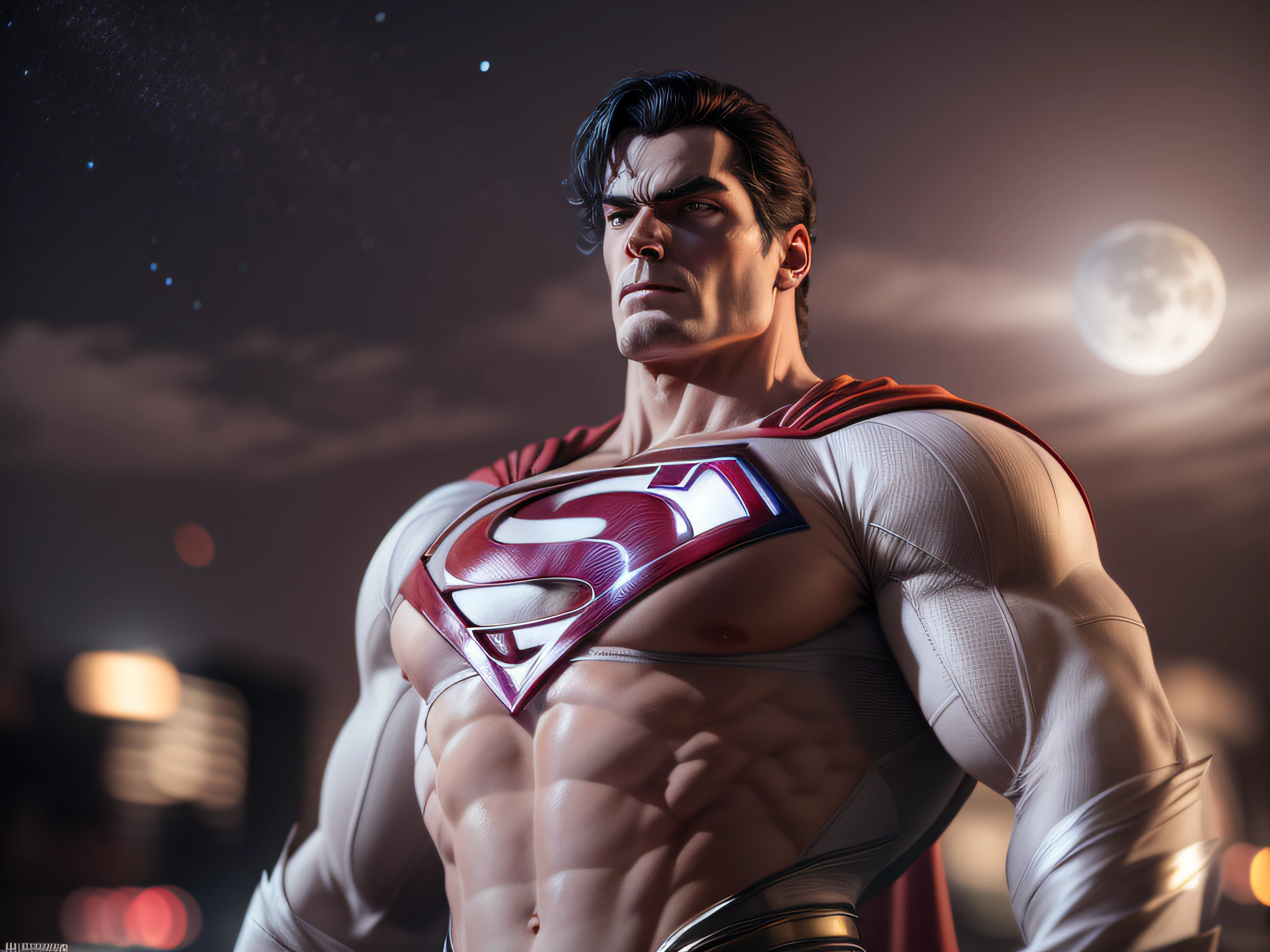 Close a powerful threat, The imposing appearance of the powerful Superman dressed in white and beige uniform, menacing stare, ricamente detalhado, Hiper realista, 3D-rendering, obra-prima, NVIDIA, RTX, ray-traced, Bokeh, Night sky with a huge and beautiful full moon, estrelas brilhando, 8k,