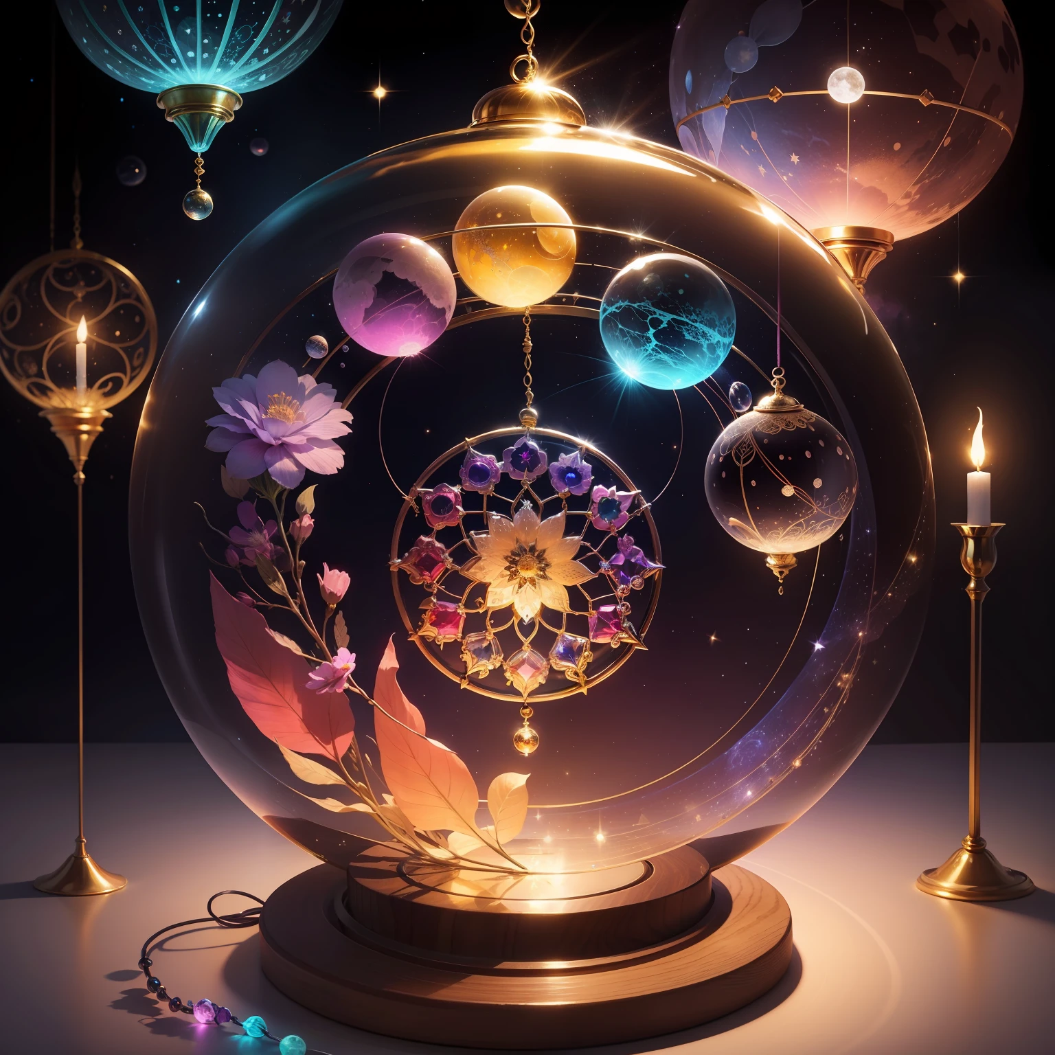 Crystal colourful flower, magic, dream catcher, universe , space, floating, moon light, magic kanote gold crystal pot,