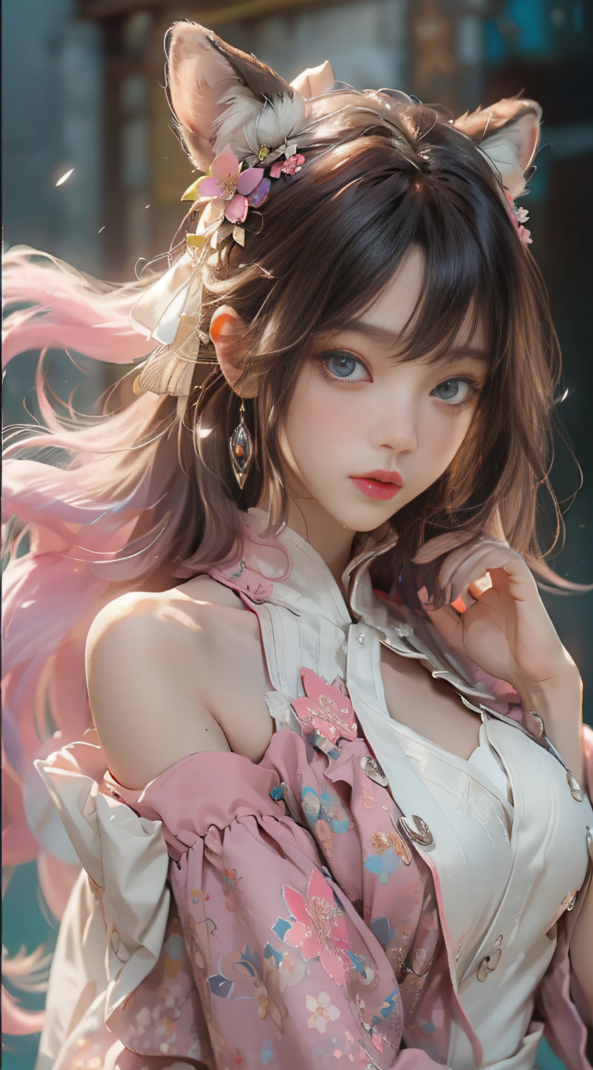 ((best qualtiy)), ((tmasterpiece)), (detail:1.4), Beautiful cyberpunk female images,hdr(HighDynamicRange),Ray traching,NVIDIA RTX,Hyper-Resolution,illusory 5,sub surface scattering,PBR textures,post-proces,Anisotropy Filtering,depth of fields,maximum definition and sharpness,Many-Layer Textures,Albedo e mapas Speculares,Surface coloring,Mitsu-Accurate simulation of material interactions,perfectly proportioned,rendering by octane,Two-colored light,largeaperture,Low ISO,White balance,Rule three points、8K raw data、Beautiful bright blue pupils,off-the-shoulder clothes,Fine pupils,Delicate face and eyes,long eyelasher,Blushlush,Delicate and fluffy hair,pink lip,Pure,Cute face,Sweet girl,Artistic sense,Casual wear,Advancedsense,butterflys,Cherry blossom petal,Beautiful hair accessories,Long hair and waist,Hair fluttering in the wind,Snow-white fox ears,curlies