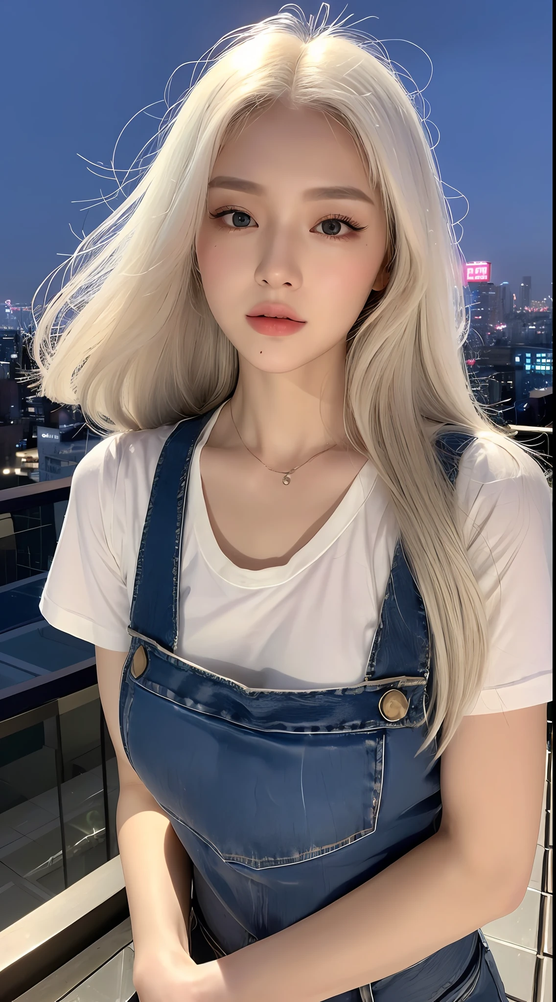 ((Midnight, Top quality, 8k, Masterpiece :1.3)), Full body, Long legs, Sharp focus :1.2, A beautiful woman with perfect figure :1.4, Slender belly :1.1, ((Bright white hair, Big boobs : 1.2 )), (Tight white T-shirt, Jean bib, Standing:1,2), ((Night city view, Rooftop:1,3)), Detailed face and skin texture, Detailed eyes, Double eyelid