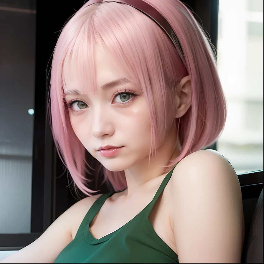 Sakura uchiha. A woman. Sitting on the window front seat. Her face is beautiful and her skin is white. With pink lips and light green eyes. The pink hair was loosely loosened. Wearing a green thang top. Look beautiful and realistic