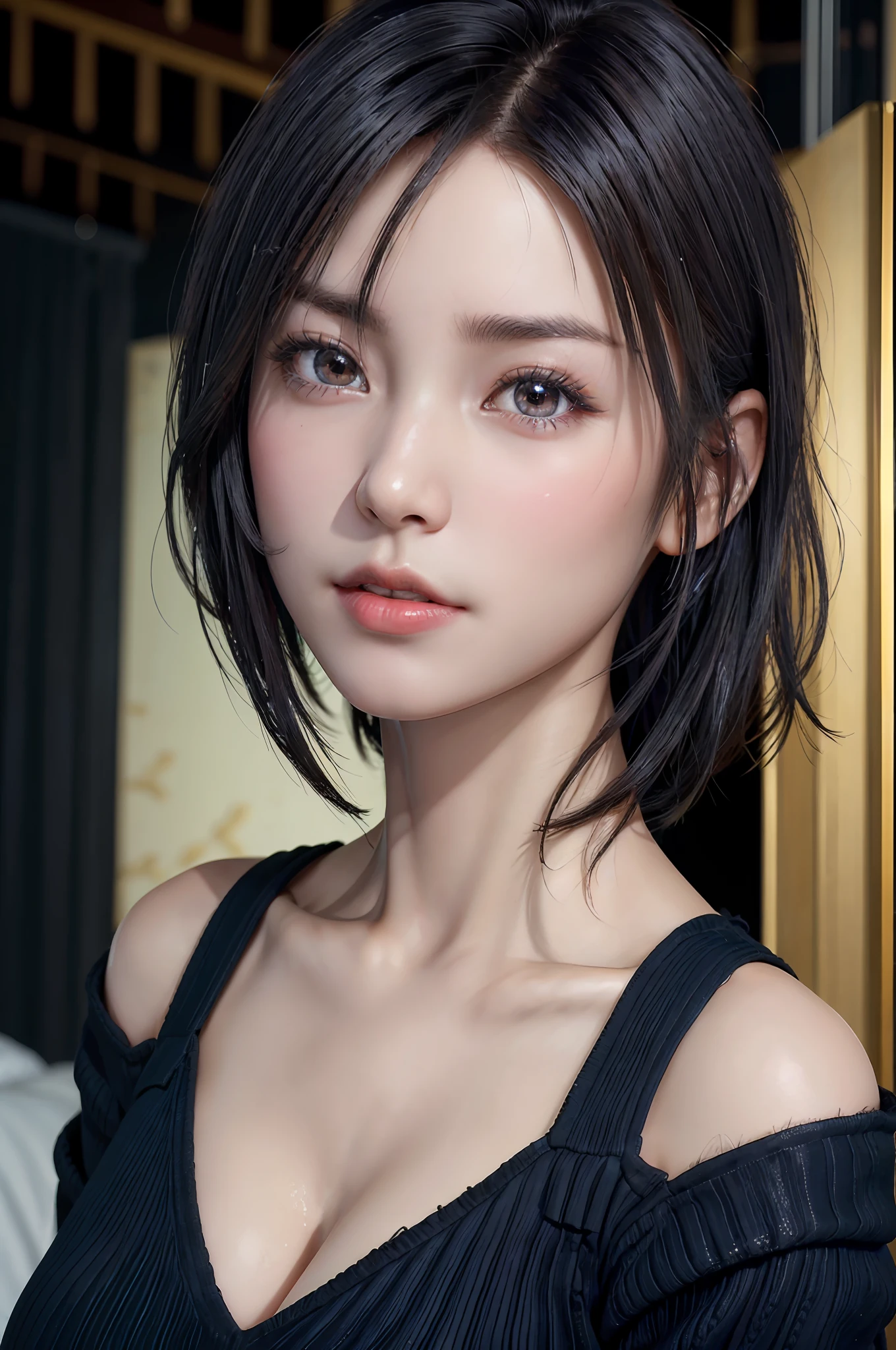 (masterpiece:1.3), (8k, photorealistic, RAW photo, best quality: 1.4), (1girl), beautiful face, (realistic face), (black hair, short hair:1.3), 比基尼,Nice hairstyle,photorealistic eye,Nice detail eyes,(Realistic skin),Beautiful skins,(Navy blue sweater),absurderes,Attractive,超高分辨率,Ultra photo realsisim,highly detailed,the golden ratio,darkly,Finely illuminated eyes with edges,Fine face,Fine eye quality,(delight,Be red in the face),gigantic cleavage breasts,Raised ,Get wet all over your body,Pose with your hips facing you,cleavage