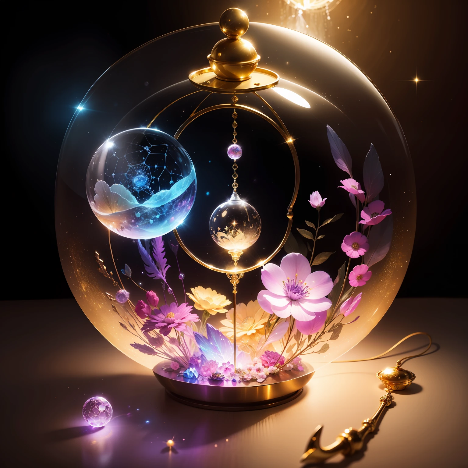 Crystal colourful flower, magic, dream catcher, universe , space, floating, moon light, magic kanote gold crystal pot,