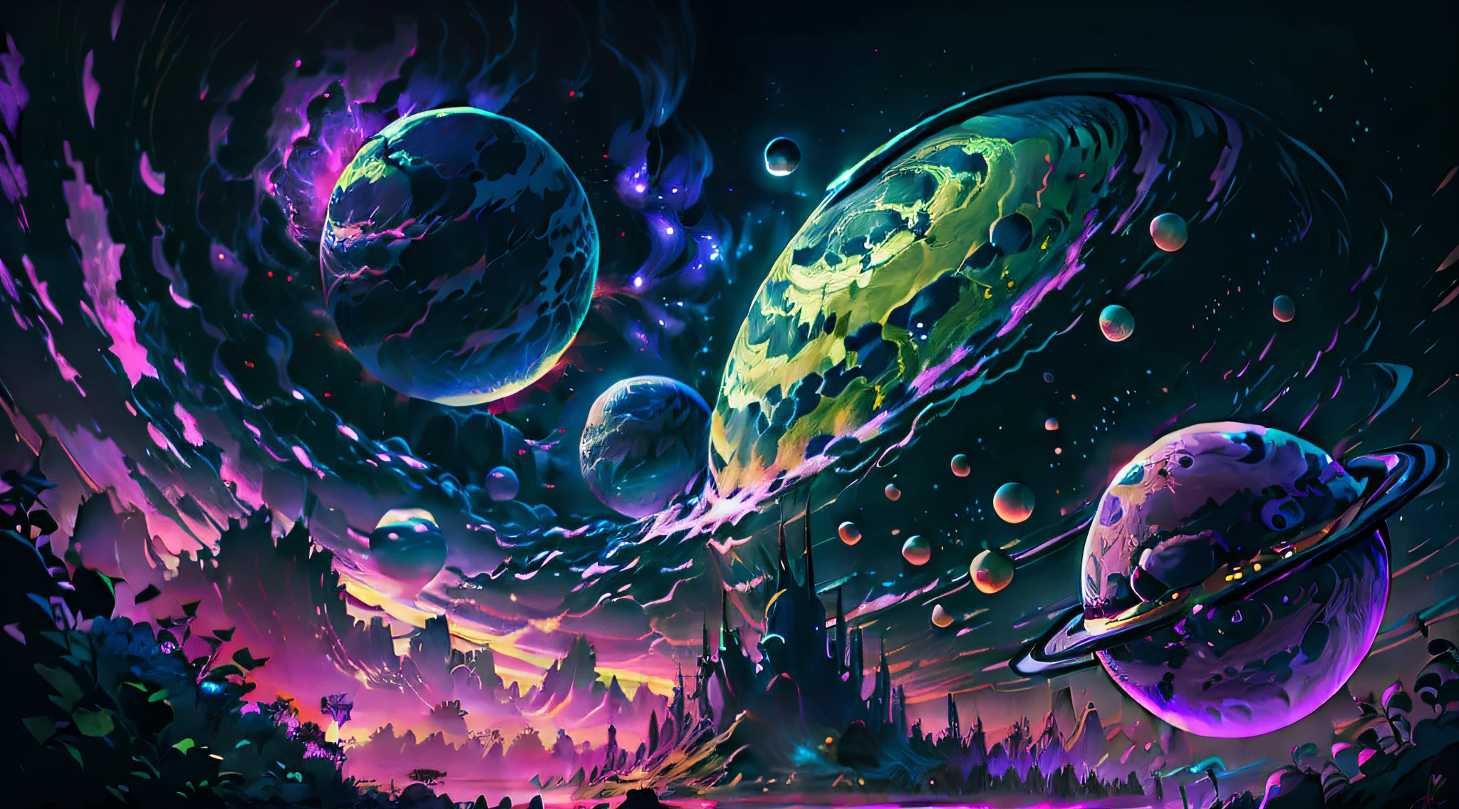 Green planets in a solar system from a purple sun, mists and cosmic dust, movie lus, artwork, painting.