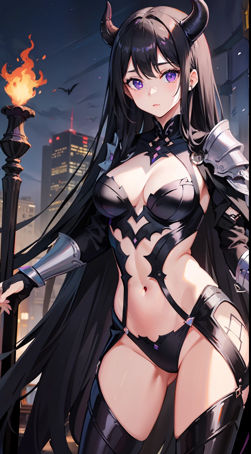 young girl, Long black hair, violet eyes, Men's Demon Armor, Masterpiece, hiquality