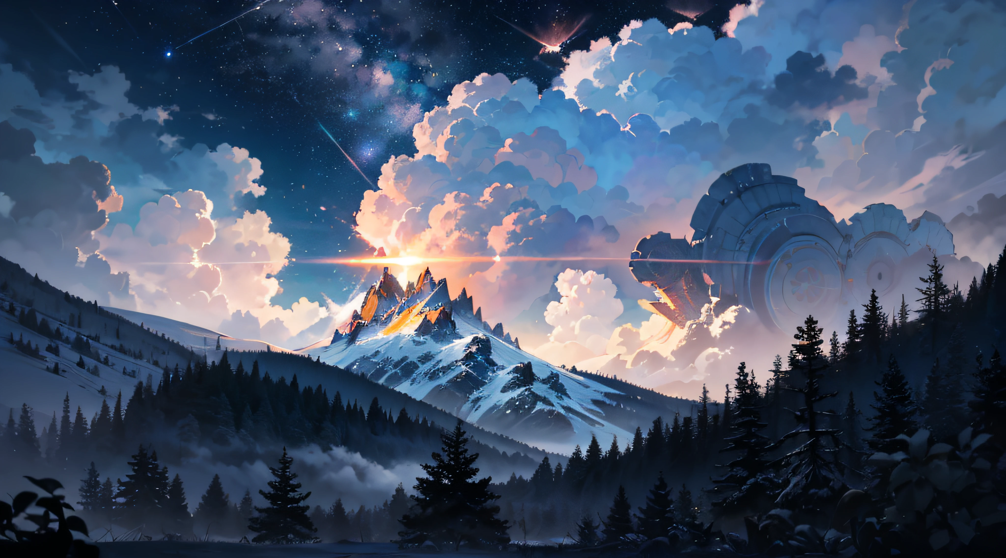 Expansive landscape photograph，（moon full：1.2），（meteors：0.9），（Starcloud：1.3），Far Mountain, Tree BREAK making art，（Warm light source：1.2），（glowworm：1.2），lamp lights，Lots of purple and orange，Complicated details，Volumetriclighting，Realism BREAK（tmasterpiece：1.2），（best qualtiy），8K，Ultra-detailed，（dynamic compositions：1.4），The is very detailed，Colorful details，（Irridescent color：1.2），（luminouslighting，Atmospheric lighting），dream magical，magical，（独奏：1.2），（（best qualtiy））， （（tmasterpiece））， （the detail：1.4），depth of fields，maximum definition and sharpness，perfectly proportions，Fluttering clouds，Wallpapers