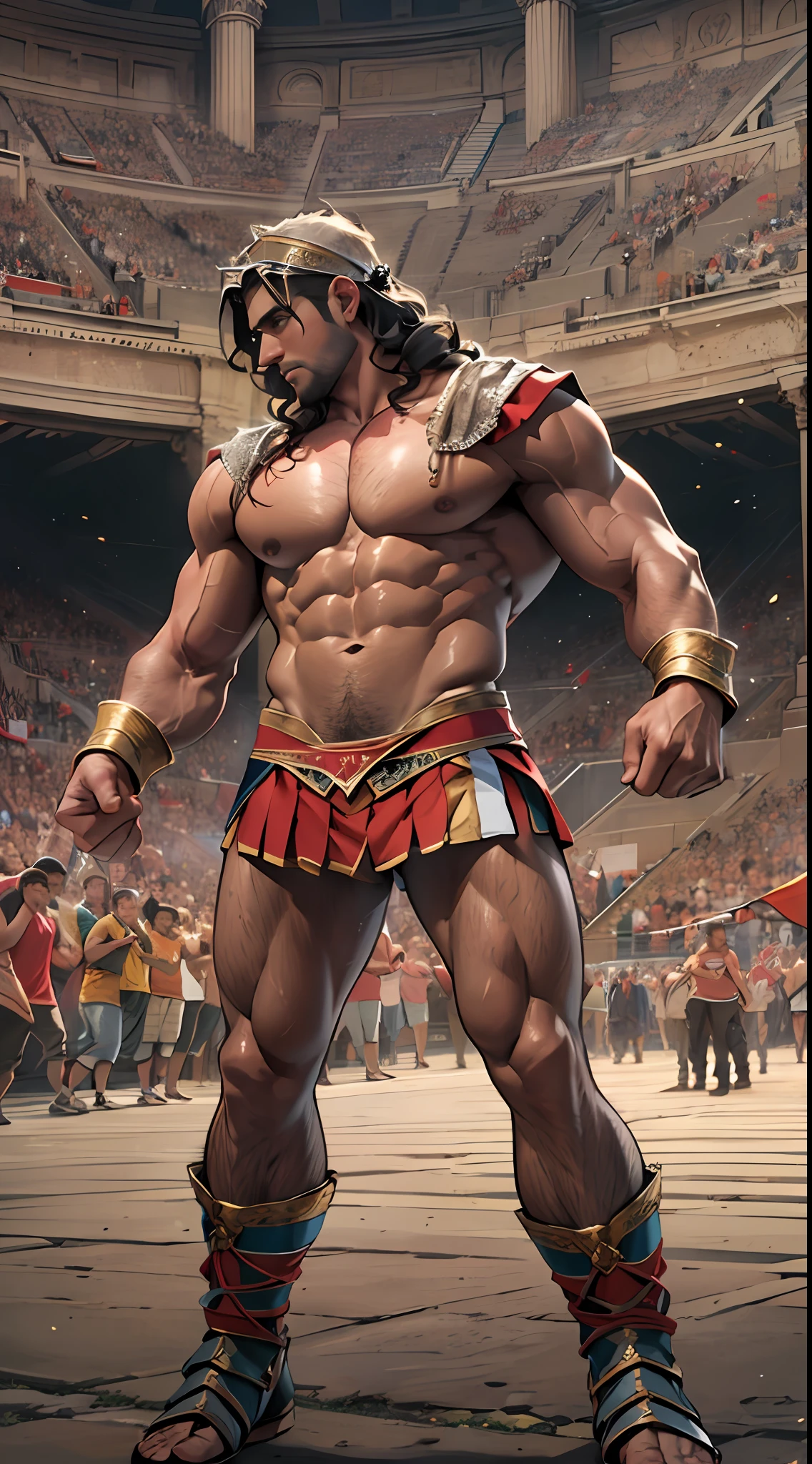 Mighty gladiator, upper torso exposed, legs unclothed from thighs to feet, flowing long curls, detailed muscular physique, lifelike depiction, 4K resolution. Background: Roman colosseum filled with cheering crowd.,32k uhd, best quality, masterpiece, super detail, high details