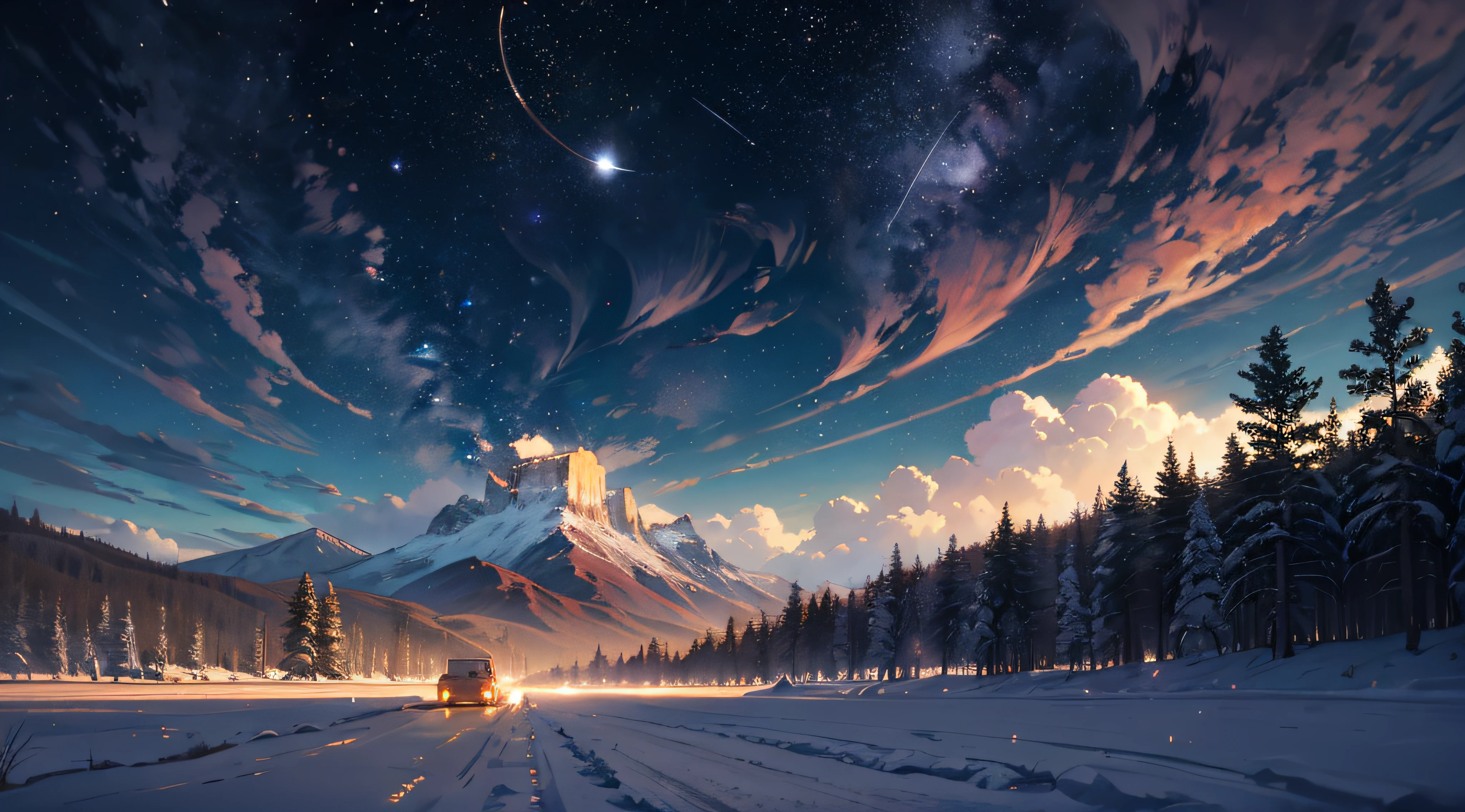 Expansive landscape photograph,(moon full:1.2),(meteors:0.9),(Starcloud:1.3),Far Mountain, Tree BREAK making art,(Warm light source:1.2),(glowworm:1.2),lamp lights,Lots of purple and orange,Complicated details,Volumetriclighting,Realism BREAK(tmasterpiece:1.2),(best qualtiy),8K,Ultra-detailed,(dynamic compositions:1.4),The is very detailed,Colorful details,(Irridescent color:1.2),(luminouslighting,Atmospheric lighting),dream magical,magical,(独奏:1.2),((best qualtiy)), ((tmasterpiece)), (the detail:1.4),depth of fields,maximum definition and sharpness,perfectly proportions,Fluttering clouds,Wallpapers