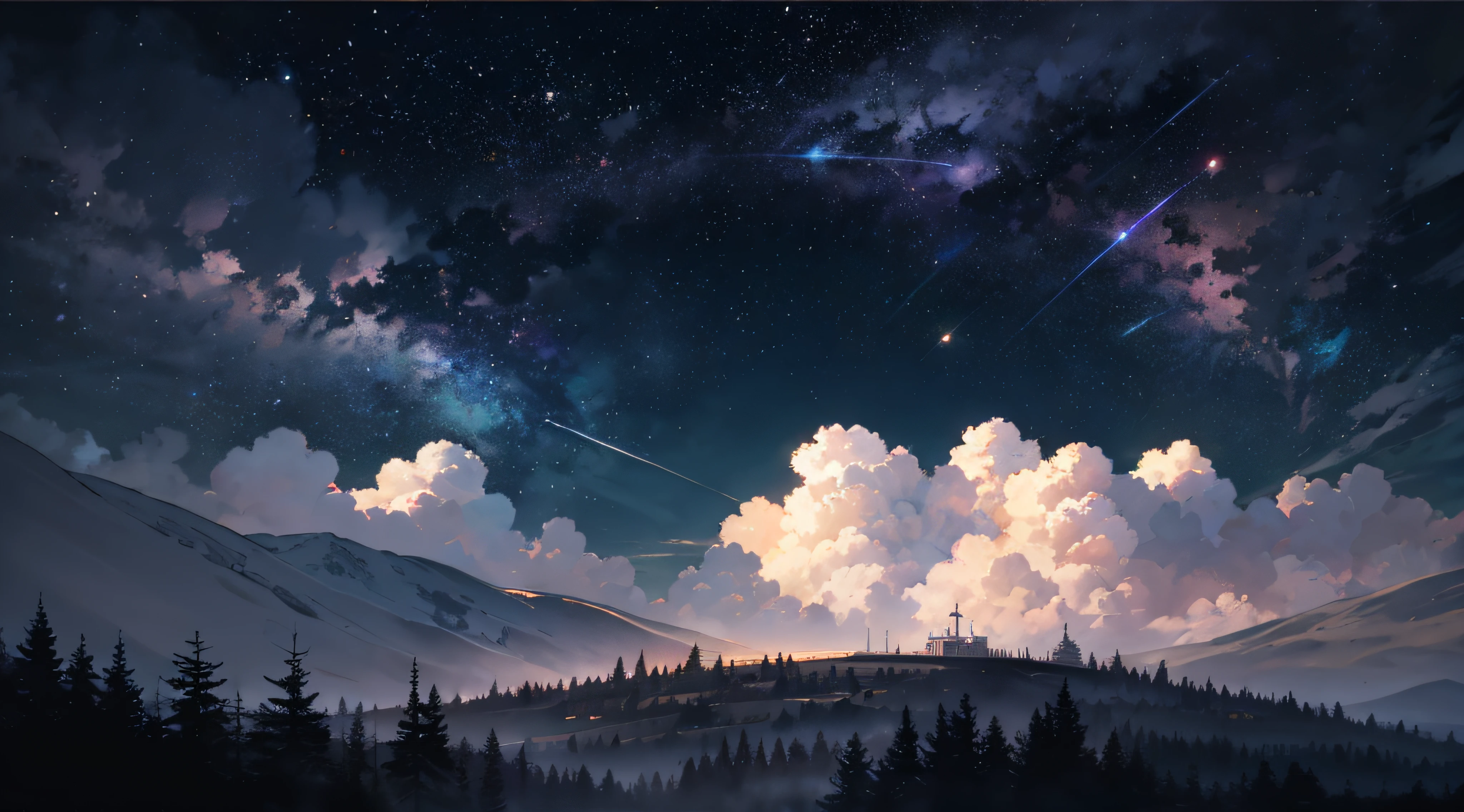 Expansive landscape photograph,(moon full:1.2),(meteors:0.9),(Starcloud:1.3),Far Mountain, Tree BREAK making art,(Warm light source:1.2),(glowworm:1.2),lamp lights,Lots of purple and orange,Complicated details,Volumetriclighting,Realism BREAK(tmasterpiece:1.2),(best qualtiy),8K,Ultra-detailed,(dynamic compositions:1.4),The is very detailed,Colorful details,(Irridescent color:1.2),(luminouslighting,Atmospheric lighting),dream magical,magical,(独奏:1.2),((best qualtiy)), ((tmasterpiece)), (the detail:1.4),depth of fields,maximum definition and sharpness,perfectly proportions,Fluttering clouds,Wallpapers