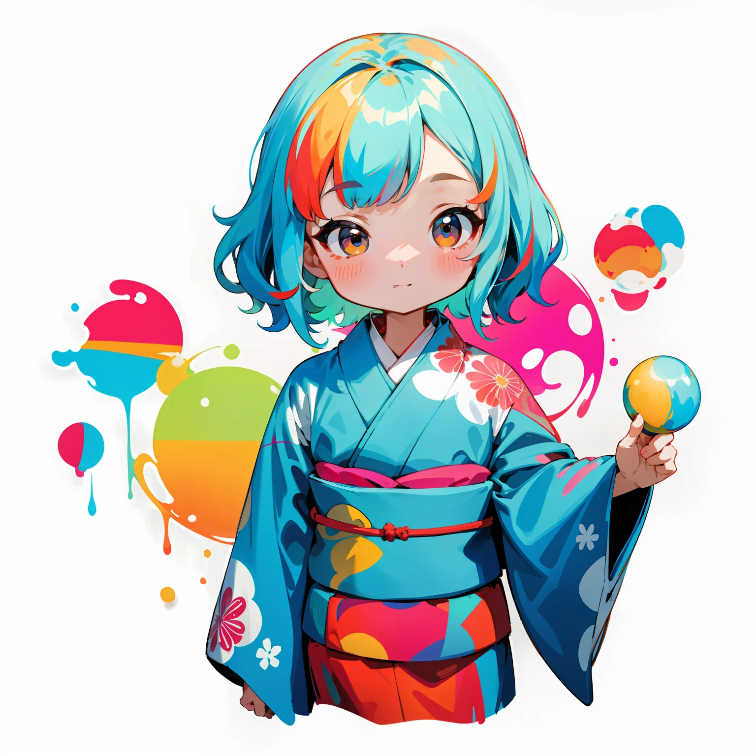 a sticker, 20 cute girls, Simple background, colorful backdrop, looking-down, looking-down、Paint dripping、masterpiece、Covered with paint、Kimono、japanese kimono