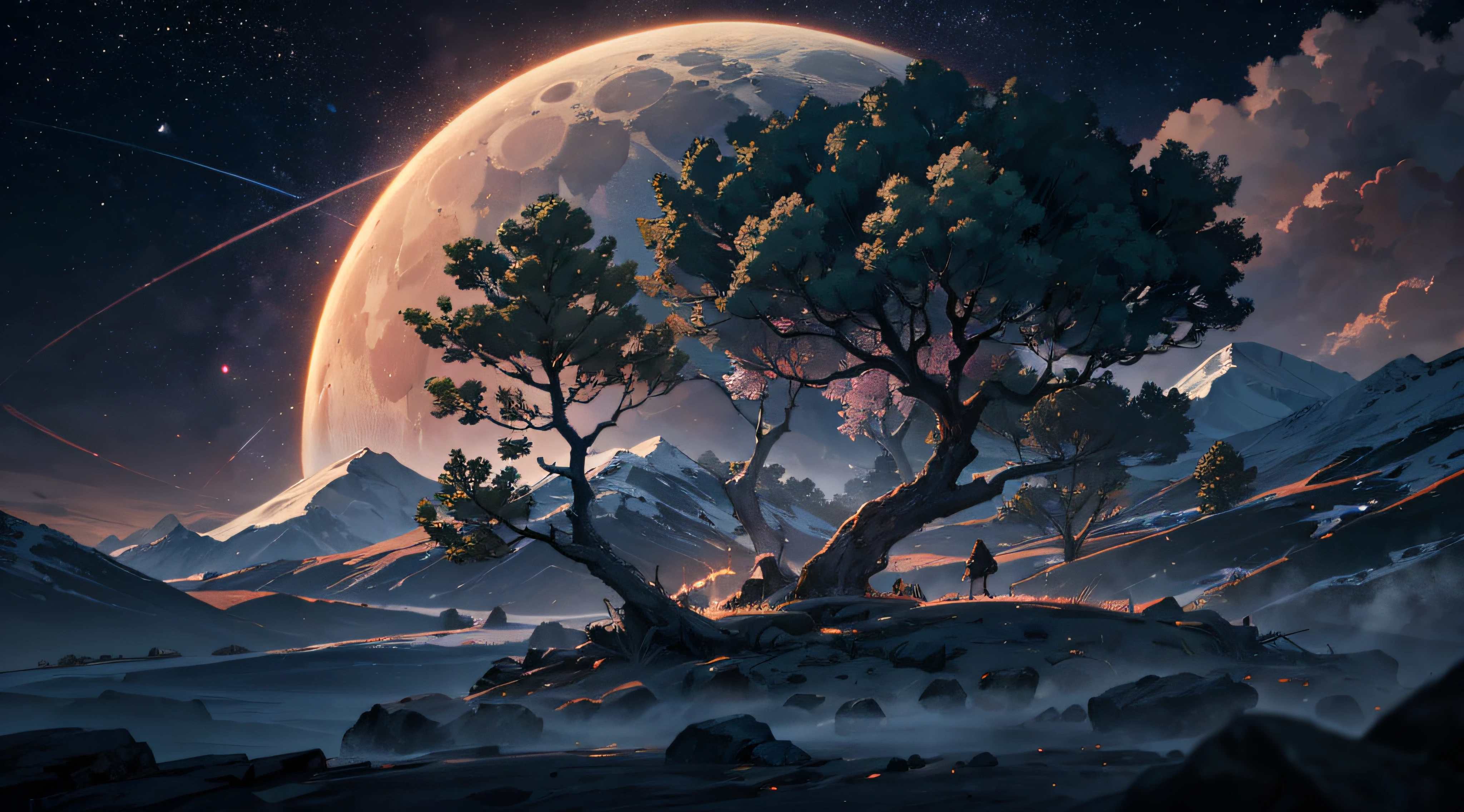 Expansive landscape photograph,(moon full:1.2),(meteors:0.9),(Starcloud:1.3),Far Mountain, Tree BREAK making art,(Warm light source:1.2),(glowworm:1.2),lamp lights,Lots of purple and orange,Complicated details,Volumetriclighting,Realism BREAK(tmasterpiece:1.2),(best qualtiy),8K,Ultra-detailed,(dynamic compositions:1.4),The is very detailed,Colorful details,(Irridescent color:1.2),(luminouslighting,Atmospheric lighting),dream magical,magical,(独奏:1.2),((best qualtiy)), ((tmasterpiece)), (the detail:1.4),depth of fields,maximum definition and sharpness,perfectly proportions,Fluttering clouds,Wallpapers