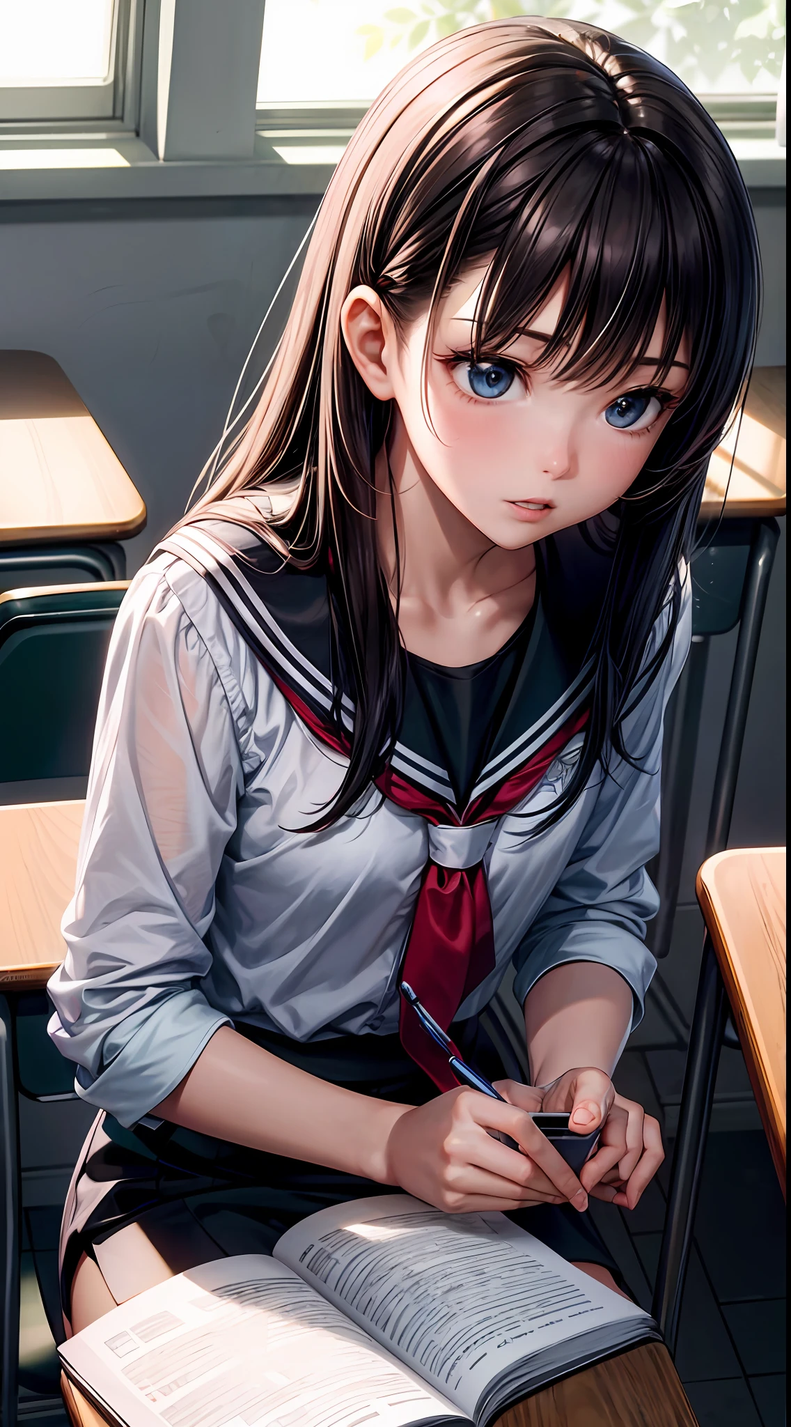 hyper-detailing,A high resolution,hyper-detailing,best qualtiy,,top Quority,cinmatic lighting,Quiet classroom,1 girl studying,The phone rang,Watch from classmates around,Turn off your phone and look down to study,Classroom,sit on chair