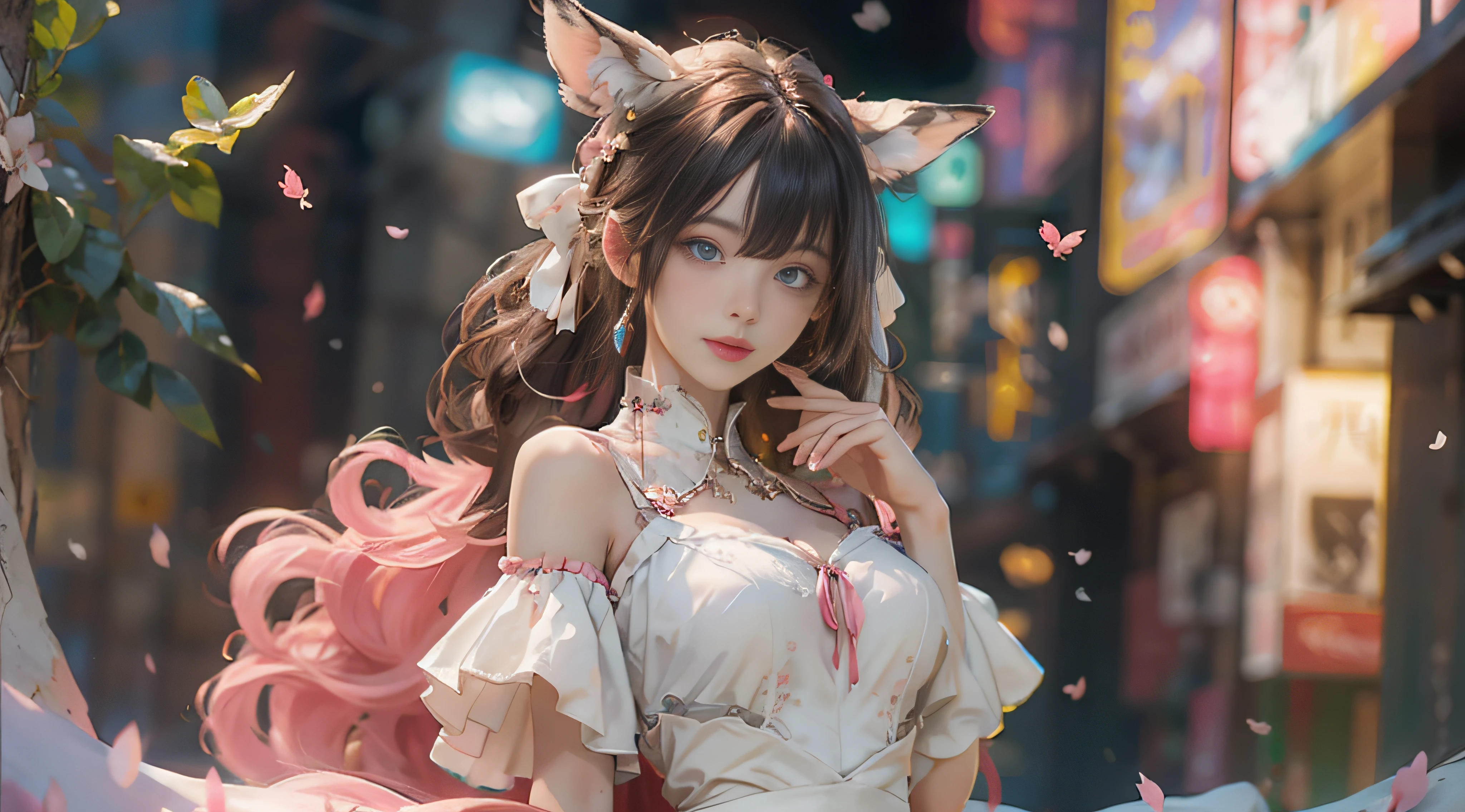 ((best qualtiy)), ((tmasterpiece)), (detail:1.4), Beautiful cyberpunk female images,hdr(HighDynamicRange),Ray traching,NVIDIA RTX,Hyper-Resolution,illusory 5,sub surface scattering,PBR textures,post-proces,Anisotropy Filtering,depth of fields,maximum definition and sharpness,Many-Layer Textures,Albedo e mapas Speculares,Surface coloring,Mitsu-Accurate simulation of material interactions,perfectly proportioned,rendering by octane,Two-colored light,largeaperture,Low ISO,White balance,Rule three points、8K raw data、Beautiful bright blue pupils,off-the-shoulder clothes,Fine pupils,Delicate face and eyes,long eyelasher,Blushlush,Delicate and fluffy hair,pink lip,Pure,Cute face,Sweet girl,Artistic sense,Casual wear,Advancedsense,butterflys,Cherry blossom petal,Beautiful hair accessories,Long hair and waist,Hair fluttering in the wind,Snow-white fox ears,curlies