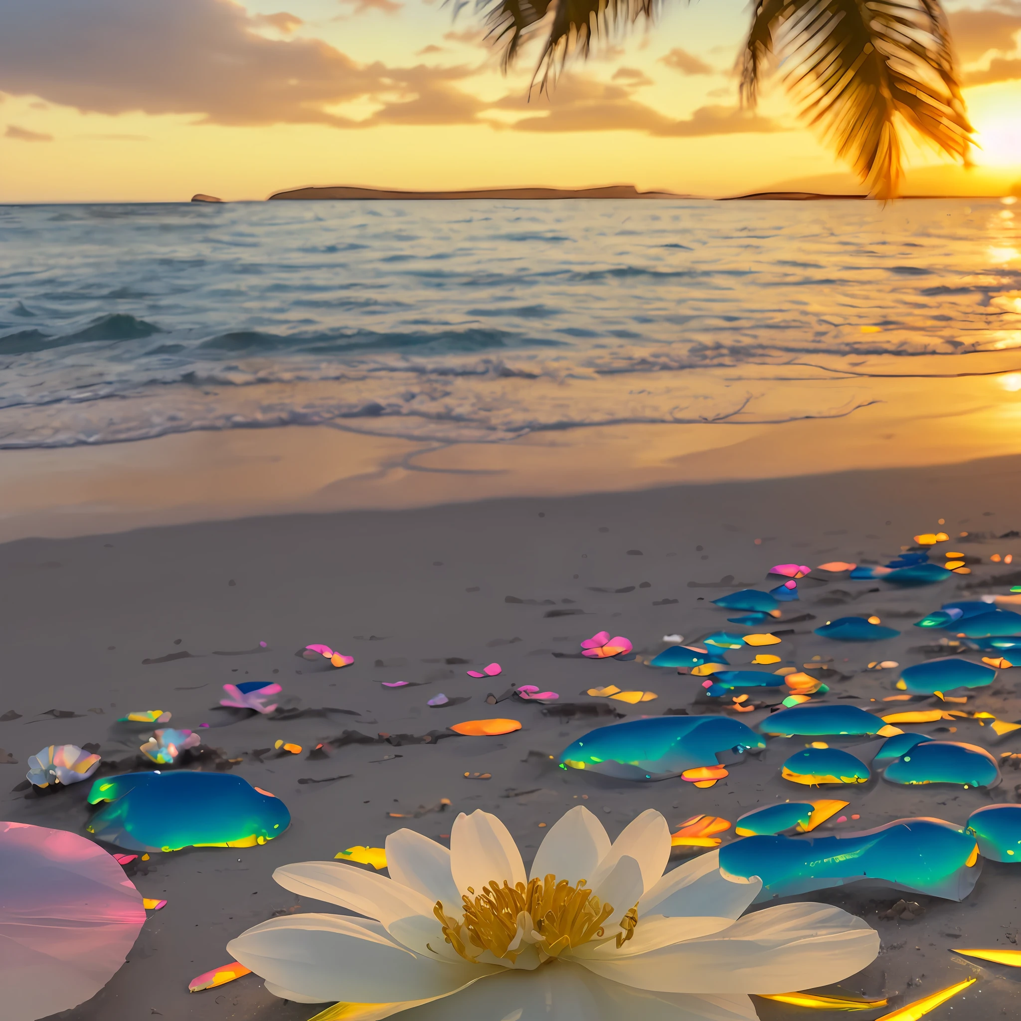 There is a flower that is sitting on the beach near the water, camadas de reflexos coloridos, gold refractions off water, refracted sunset lighting, refracted sunset, reflexos brilhantes, beautiful composition 3 - d 4 k, Iridescent sparkling water, cores serenas, Iridescent reflections, which shows a beach at sunset, areia rodopiando