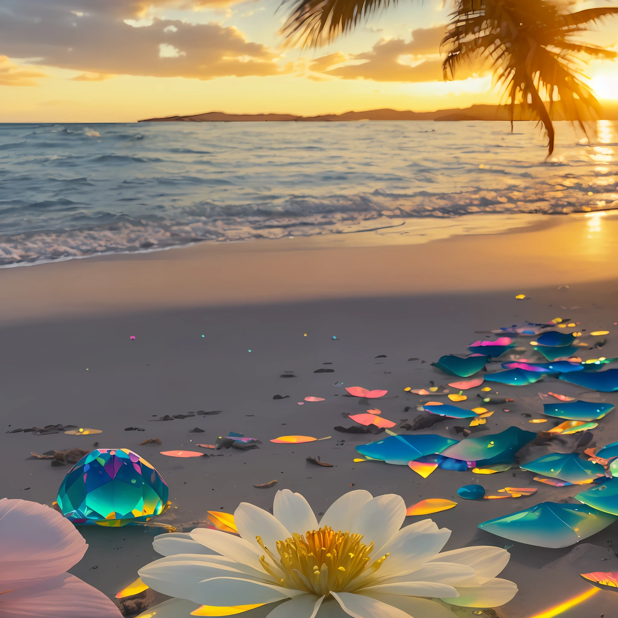 There is a flower that is sitting on the beach near the water, camadas de reflexos coloridos, gold refractions off water, refracted sunset lighting, refracted sunset, reflexos brilhantes, beautiful composition 3 - d 4 k, Iridescent sparkling water, cores serenas, Iridescent reflections, which shows a beach at sunset, areia rodopiando