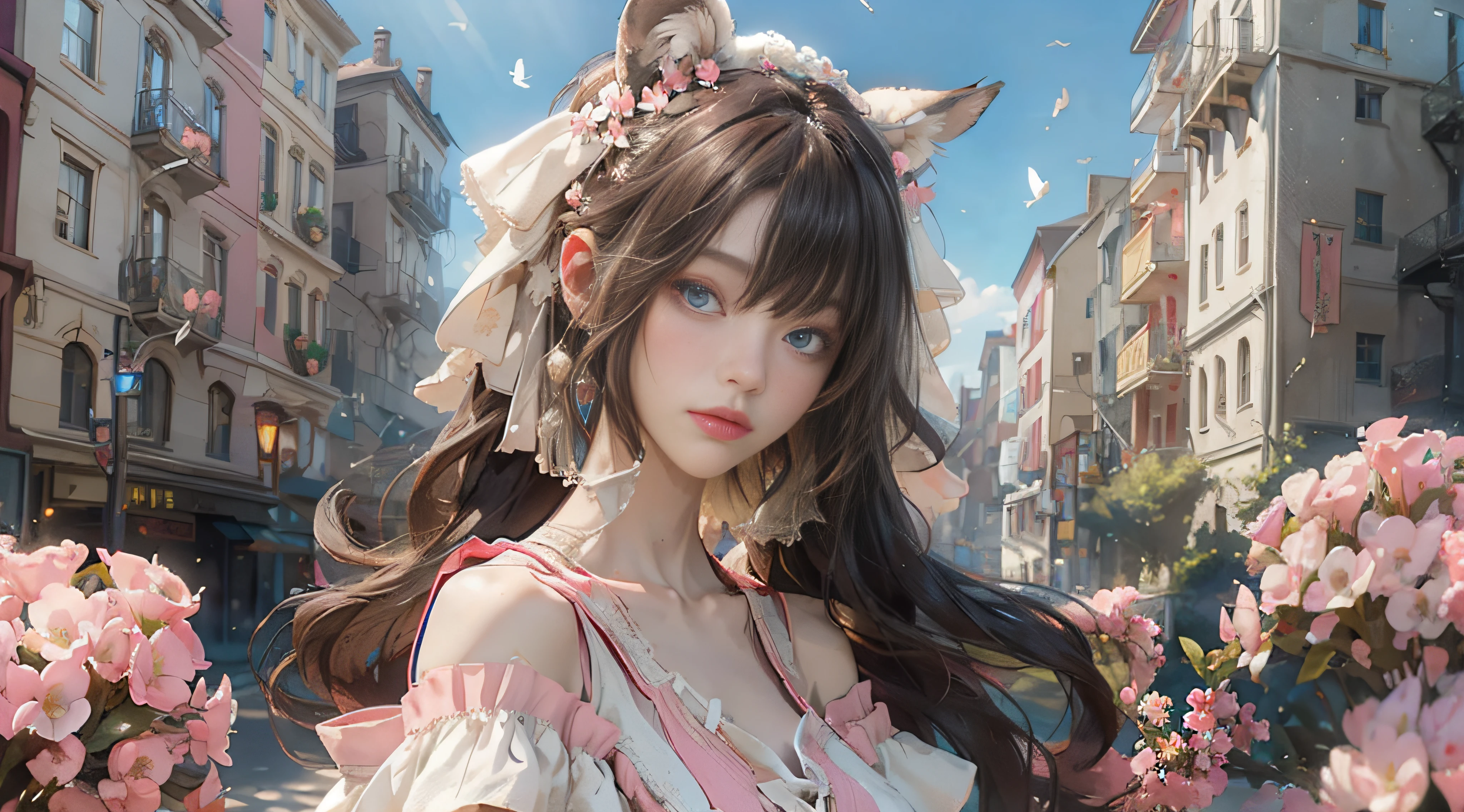 ((best qualtiy)), ((tmasterpiece)), (detail:1.4), Beautiful cyberpunk female images,hdr(HighDynamicRange),Ray traching,NVIDIA RTX,Hyper-Resolution,illusory 5,sub surface scattering,PBR textures,post-proces,Anisotropy Filtering,depth of fields,maximum definition and sharpness,Many-Layer Textures,Albedo e mapas Speculares,Surface coloring,Mitsu-Accurate simulation of material interactions,perfectly proportioned,rendering by octane,Two-colored light,largeaperture,Low ISO,White balance,Rule three points、8K raw data、Beautiful bright blue pupils,off-the-shoulder clothes,Fine pupils,Delicate face and eyes,long eyelasher,Blushlush,Delicate and fluffy hair,pink lip,Pure,Cute face,Sweet girl,Artistic sense,Casual wear,Advancedsense,butterflys,Cherry blossom petal,Beautiful hair accessories,Long hair and waist,Hair fluttering in the wind,Snow-white fox ears,curlies
