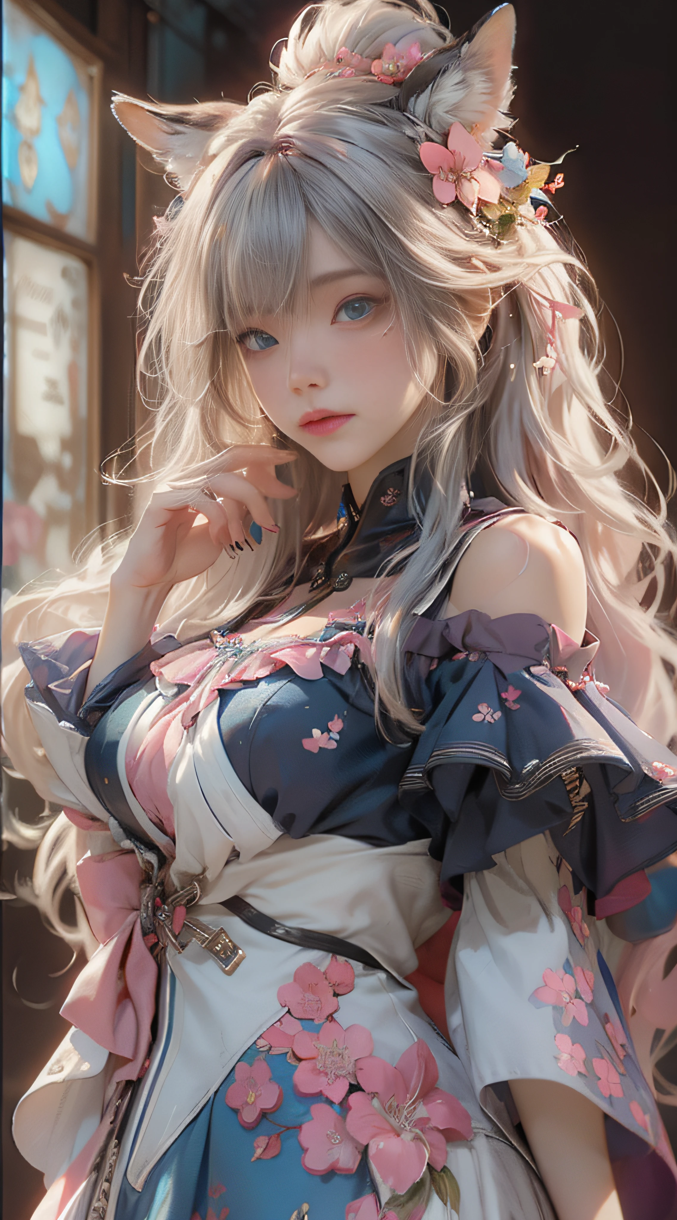((best qualtiy)), ((tmasterpiece)), (detail:1.4), Beautiful cyberpunk female images,hdr(HighDynamicRange),Ray traching,NVIDIA RTX,Hyper-Resolution,illusory 5,sub surface scattering,PBR textures,post-proces,Anisotropy Filtering,depth of fields,maximum definition and sharpness,Many-Layer Textures,Albedo e mapas Speculares,Surface coloring,Mitsu-Accurate simulation of material interactions,perfectly proportioned,rendering by octane,Two-colored light,largeaperture,Low ISO,White balance,Rule three points、8K raw data、Beautiful bright blue pupils,off-the-shoulder clothes,Fine pupils,Delicate face and eyes,long eyelasher,Blushlush,Delicate and fluffy hair,pink lip,Pure,Cute face,Sweet girl,Artistic sense,Casual wear,Advancedsense,butterflys,Cherry blossom petal,Beautiful hair accessories,Long hair and waist,Hair fluttering in the wind,Snow-white fox ears,curlies,Fluffy pets