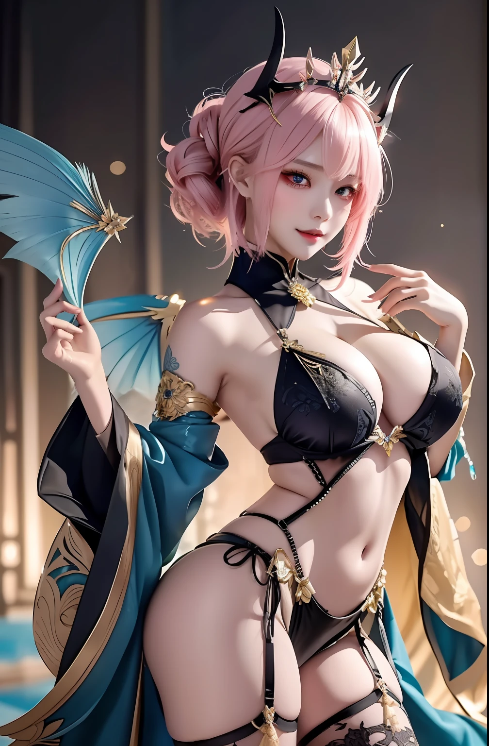 tmasterpiece,top-quality,Pink hair,blue lightning,realisticlying,realistic detail,high detal。blue clothes。blue thunder。Blue crystal。Black suspended particles。Black smoke。It is surrounded by black crystals。Black smoke wafts around。Twist the body。Twist the body。banya。darkly。Omiyoshi Ouchi。laughingly。Very short。boyish。short hair。short hair。
1 rapariga、 Beautuful Women、 、 Fine fine skin、 anicos_No one、、 nabel、 Separate the sleeves、 exposed bare shoulders、 Center opening、cleavage between breasts、 middle breasts、 Long feather clips、 Blue hair ornaments、 thigh height、 Watch viewer、 isekai、 Daichi Yami plays。seductiv。Brain killing。Tattooed with。demon tail。Gold pattern on chest。Luminescent tattoo。Luminescent tattoo。Devil's wings。Black and gold tiara。head gear。Intricate and luxurious headdress。ssmile。Luminous blades,gigantic cleavage breasts,Raised ,Get wet all over your body,Pose with your hips facing you,cleavage