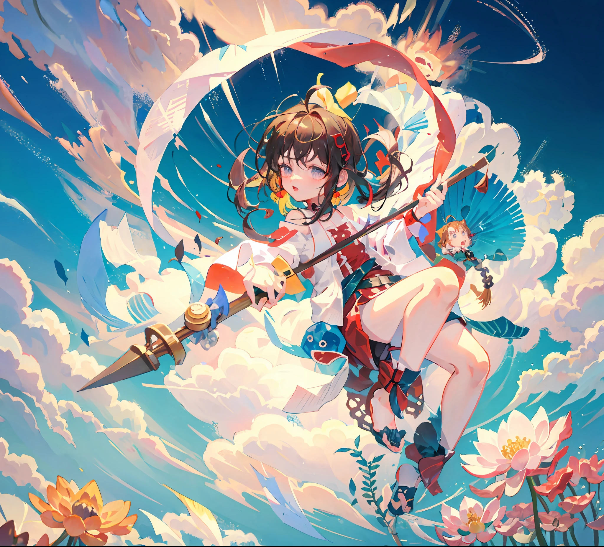 A bare-assed child levitates in the air,Comfortable expression,A boy,Shota,adolable,Six-year-old boy,The barefoot,panoramic lens,full body shot shot,(Libido boy),((Shota)),lotus flower,short detailed hair,Pick dyeing,Bangs between the eyebrows,Hot Wheels,belly-bar,,