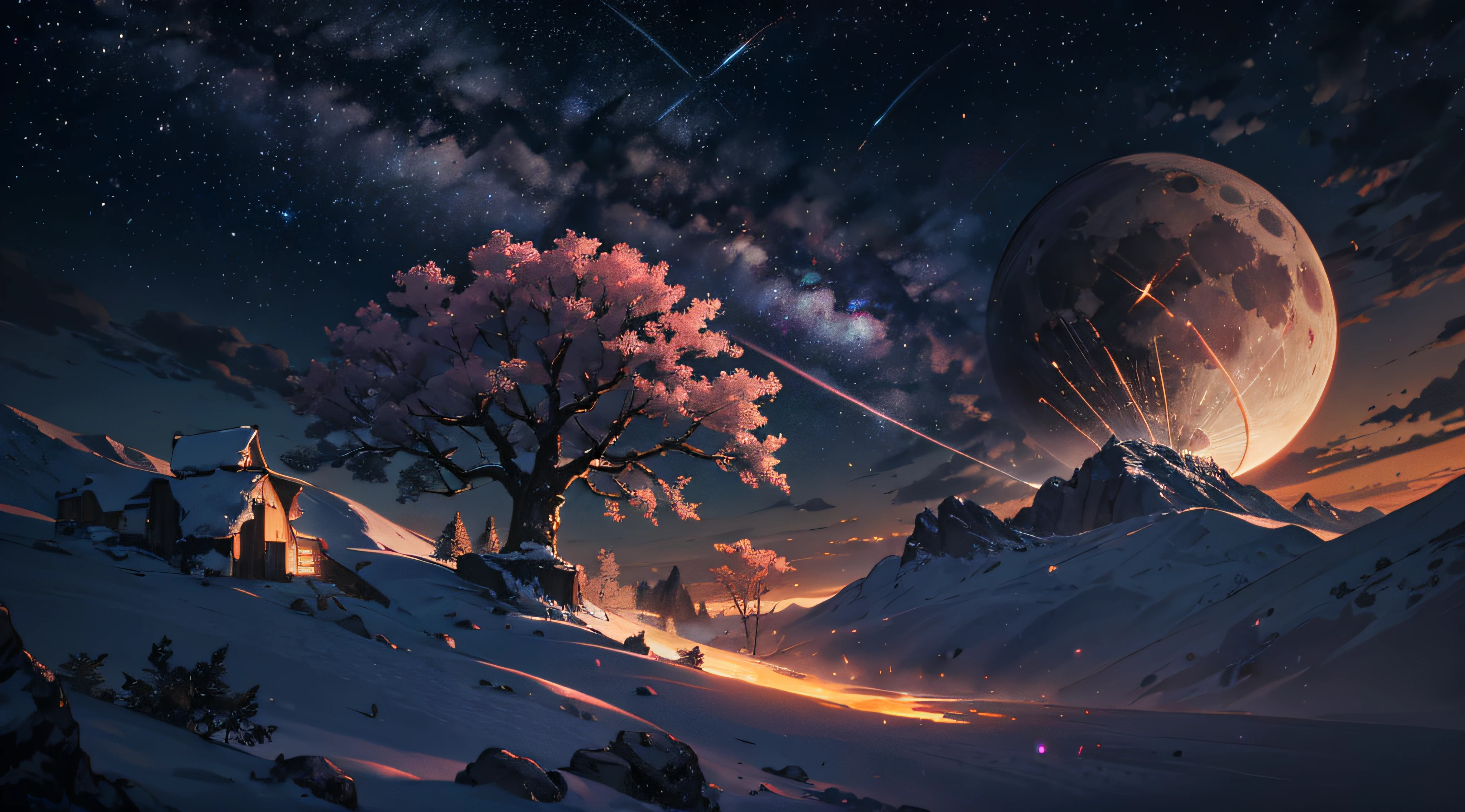 Expansive landscape photograph，（moon full：1.2），（meteors：0.9），（Starcloud：1.3），Far Mountain, Tree BREAK making art，（Warm light source：1.2），（glowworm：1.2），lamp lights，Lots of purple and orange，Complicated details，Volumetriclighting，Realism BREAK（tmasterpiece：1.2），（best qualtiy），8K，Ultra-detailed，（dynamic compositions：1.4），The is very detailed，Colorful details，（Irridescent color：1.2），（luminouslighting，Atmospheric lighting），dream magical，magical，（独奏：1.2），（（best qualtiy））， （（tmasterpiece））， （the detail：1.4），depth of fields，maximum definition and sharpness，perfectly proportions，Fluttering clouds，Wallpapers