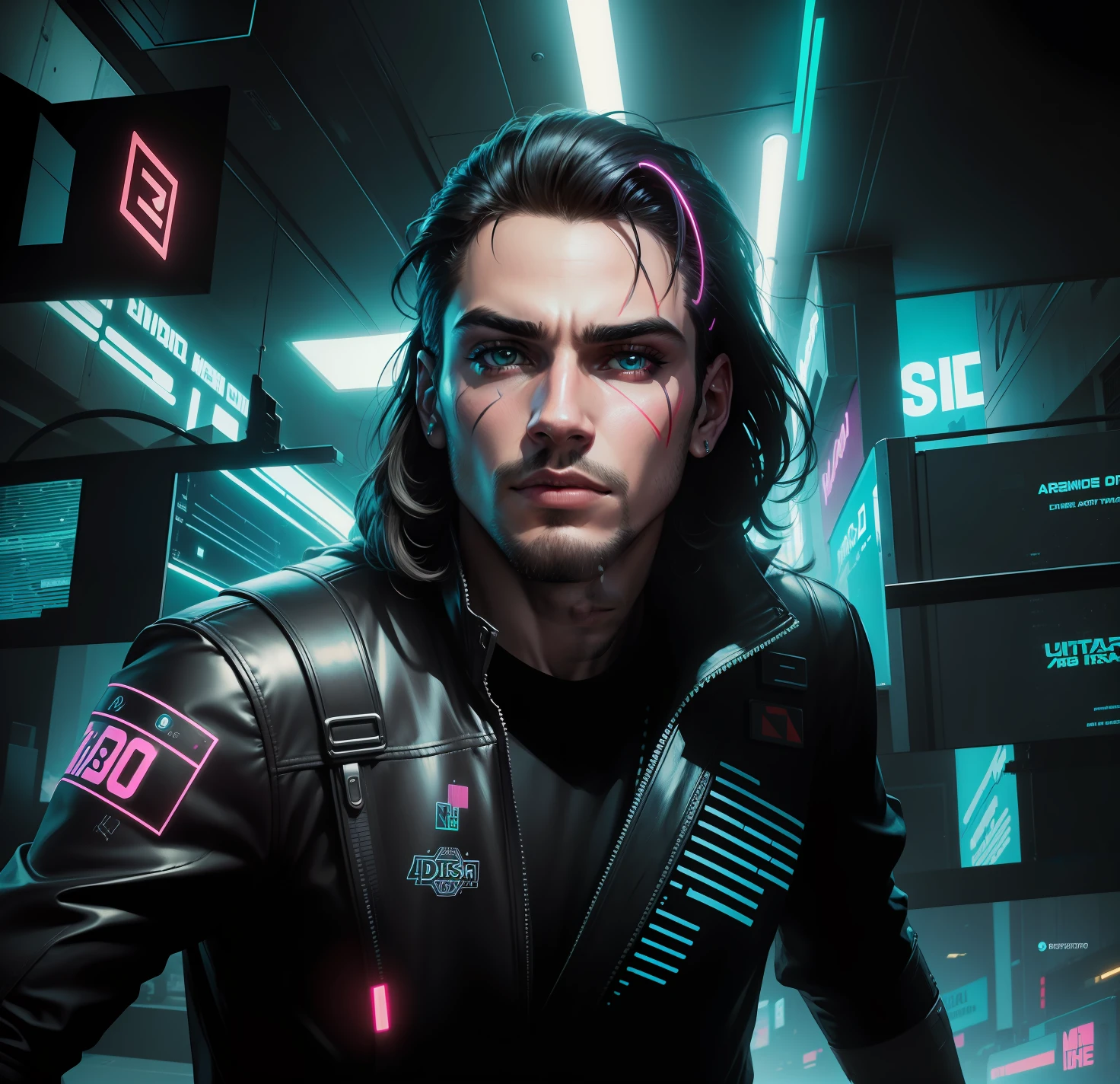 Arte Digital, ultra-detalhado, rosto detalhado, Homem. Estrela do pop, look da moda, neon aesthetic, Antecedentes da cena cyberpunk.