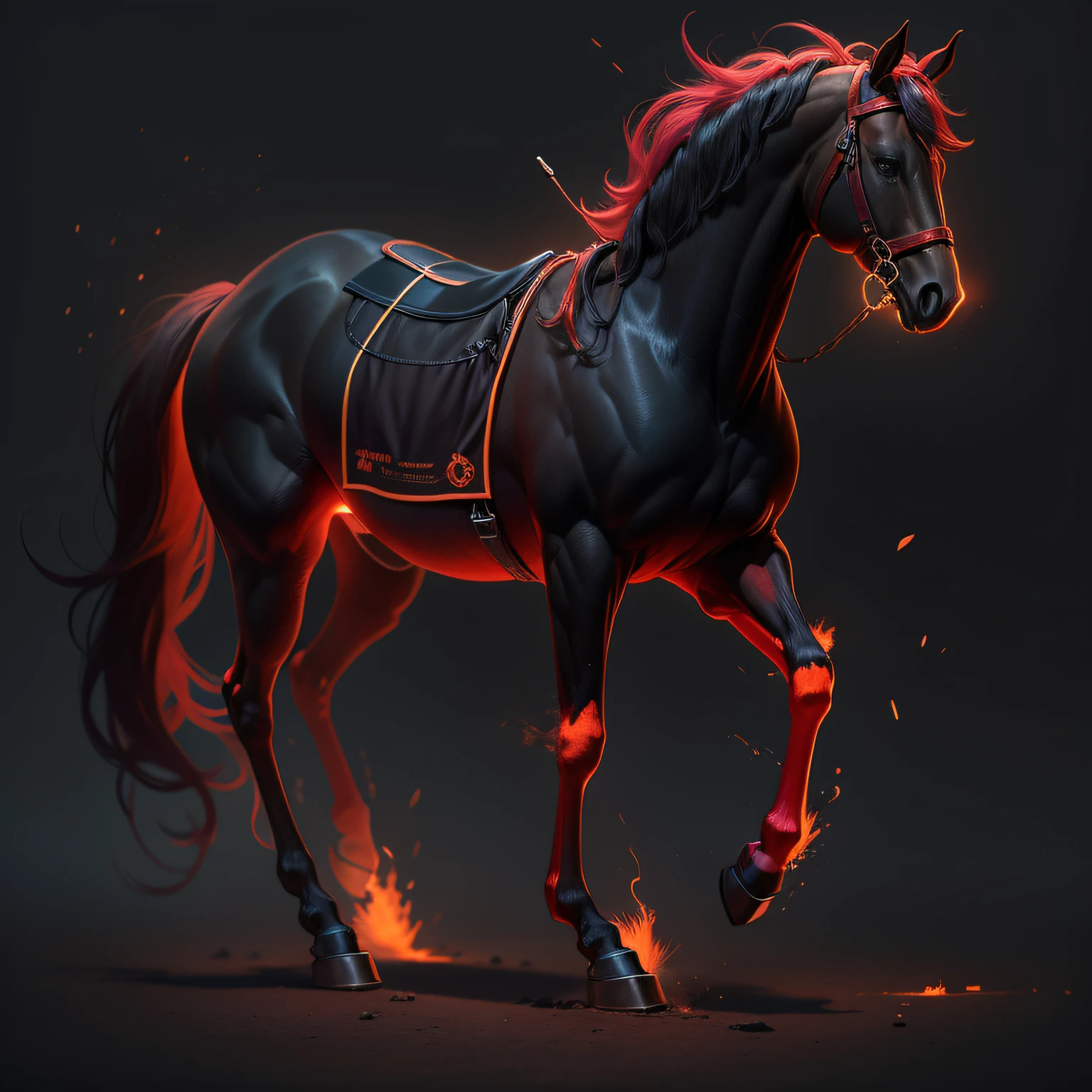 cavalo preto anatomicamente correto andamento gracioso com runas vermelhas neon gravadas em seu corpo, detalhes realistas.