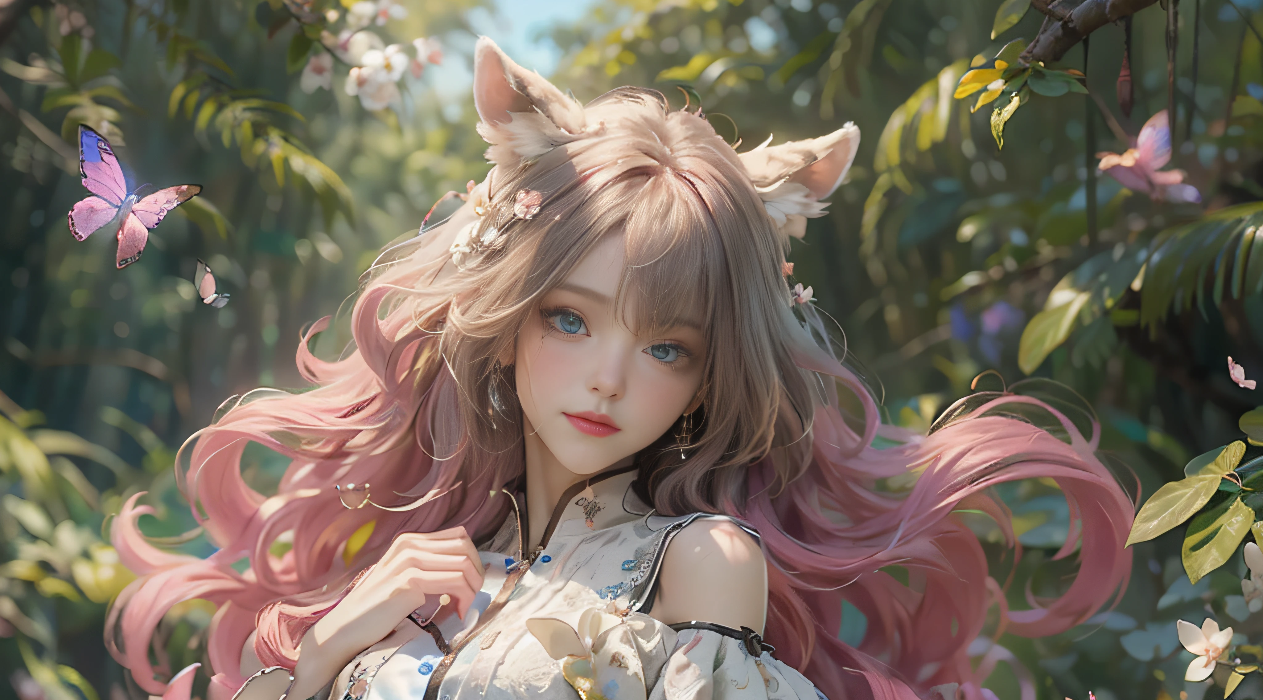 ((best qualtiy)), ((tmasterpiece)), (detail:1.4), Beautiful cyberpunk female images,hdr(HighDynamicRange),Ray traching,NVIDIA RTX,Hyper-Resolution,illusory 5,sub surface scattering,PBR textures,post-proces,Anisotropy Filtering,depth of fields,maximum definition and sharpness,Many-Layer Textures,Albedo e mapas Speculares,Surface coloring,Mitsu-Accurate simulation of material interactions,perfectly proportioned,rendering by octane,Two-colored light,largeaperture,Low ISO,White balance,Rule three points、8K raw data、Beautiful bright blue pupils,off-the-shoulder clothes,Fine pupils,Delicate face and eyes,long eyelasher,Blushlush,Delicate and fluffy hair,pink lip,Pure,Cute face,Sweet girl,Artistic sense,Casual wear,Advancedsense,butterflys,Cherry blossom petal,Beautiful hair accessories,Long hair and waist,Hair fluttering in the wind,Snow-white fox ears,curlies