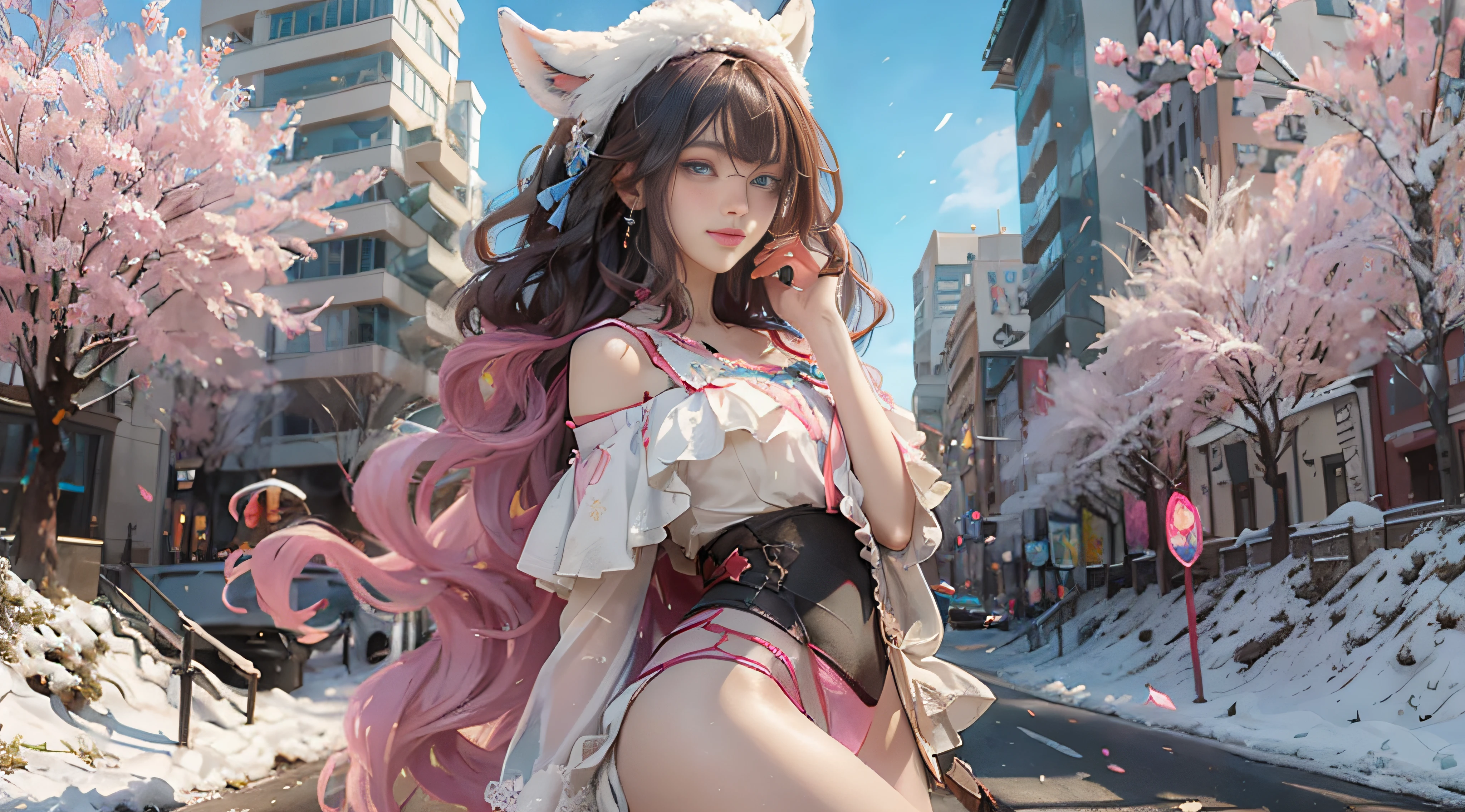 ((best qualtiy)), ((tmasterpiece)), (detail:1.4), Beautiful cyberpunk female images,hdr(HighDynamicRange),Ray traching,NVIDIA RTX,Hyper-Resolution,illusory 5,sub surface scattering,PBR textures,post-proces,Anisotropy Filtering,depth of fields,maximum definition and sharpness,Many-Layer Textures,Albedo e mapas Speculares,Surface coloring,Mitsu-Accurate simulation of material interactions,perfectly proportioned,rendering by octane,Two-colored light,largeaperture,Low ISO,White balance,Rule three points、8K raw data、Beautiful bright blue pupils,off-the-shoulder clothes,Fine pupils,Delicate face and eyes,long eyelasher,Blushlush,Delicate and fluffy hair,pink lip,Pure,Cute face,Sweet girl,Artistic sense,Casual wear,Advancedsense,butterflys,Cherry blossom petal,Beautiful hair accessories,Long hair and waist,Hair fluttering in the wind,Snow-white fox ears,curlies