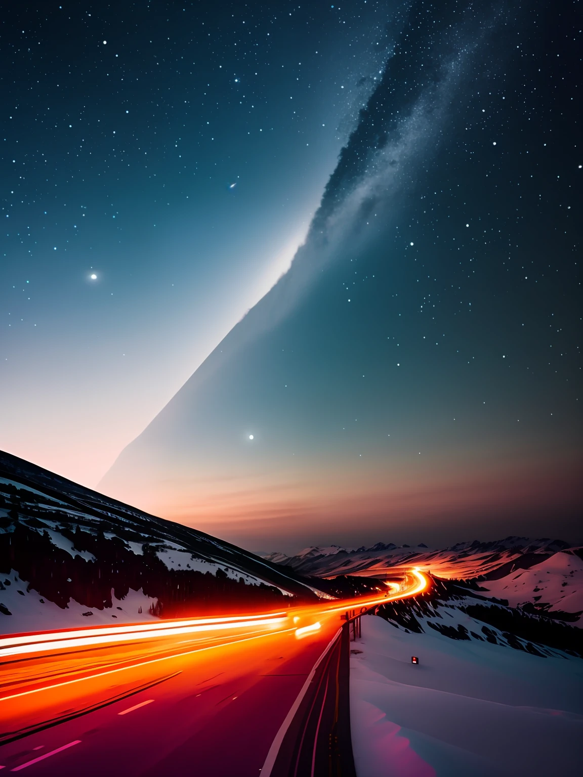 The crescent moon shrouds the night sky,A test on a snowy mountain,The road is winding,A car driving on a highway,Headlights illuminate the road ahead,Snowflakes in the sky