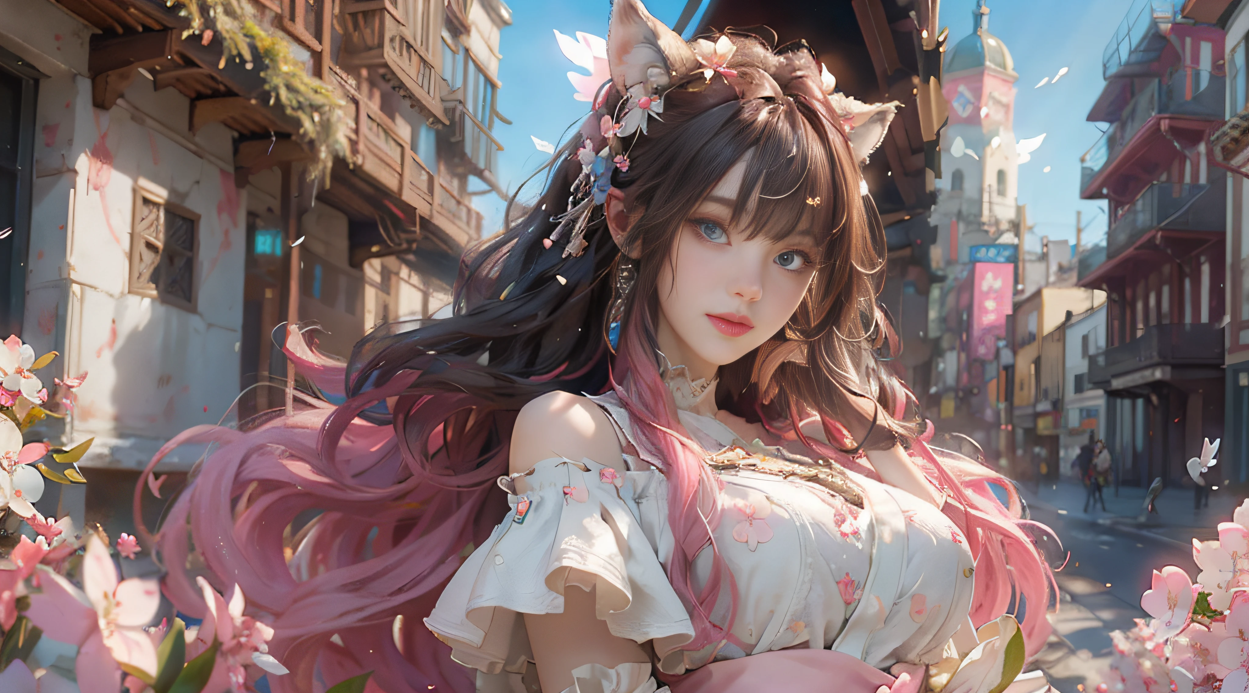 （（best qualtiy））， （（tmasterpiece））， （detail：1.4）， Beautiful cyberpunk female images，hdr（HighDynamicRange），Ray traching，NVIDIA RTX，Hyper-Resolution，illusory 5，sub surface scattering，PBR textures，post-proces，Anisotropy Filtering，depth of fields，maximum definition and sharpness，Many-Layer Textures，Albedo e mapas Speculares，Surface coloring，Mitsu-Accurate simulation of material interactions，perfectly proportioned，rendering by octane，Two-colored light，largeaperture，Low ISO，White balance，Rule three points、8K raw data、Beautiful bright blue pupils，off-the-shoulder clothes，Fine pupils，Delicate face and eyes，long eyelasher，Blushlush，Delicate and fluffy hair，pink lip，Pure，Cute face，Sweet girl，Artistic sense，Casual wear，Advancedsense，butterflys，Cherry blossom petal，Beautiful hair accessories，Long hair and waist，Hair fluttering in the wind，Snow-white fox ears，curlies