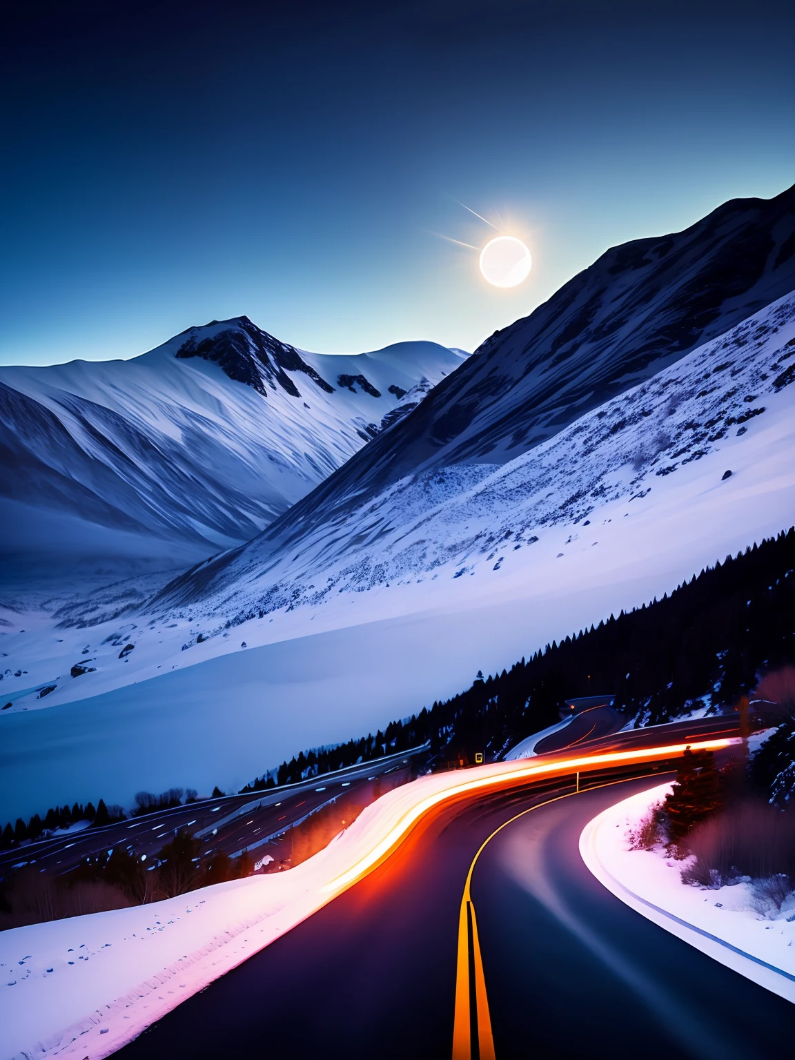The crescent moon shrouds the night sky,A test on a snowy mountain,The road is winding,A car driving on a highway,Headlights illuminate the road ahead,Snowflakes in the sky