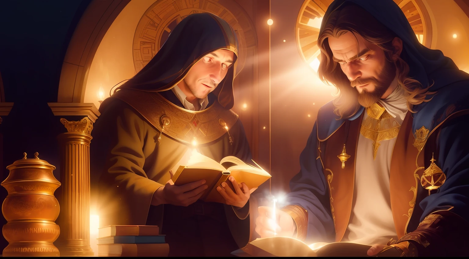 There are two men who are reading a book together, inspired by the Brothers Hildebrandt, inspired by the Brothers Hildebrandt, Tuomas Korpi e Wlop, Directed by: Roman Bezpalkiv, Wlop e Andrei Riabovitchev, fantasy RPG book illustration, Petros e Leonid, James Gurney e Andreas Rocha, Directed by: Aleksander Gierymski