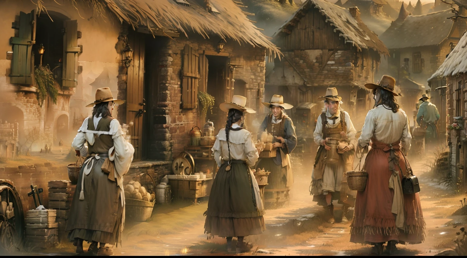 A scene from a pre-Industrial Revolution village, anos de 1700, Inglaterra, pessoas realizando tarefas manuais simples como lavrar campos, costurar roupas ou cozinhar em fogueiras ao ar livre. Life is presented at a slow pace, limited by the seasons and the natural resources available.