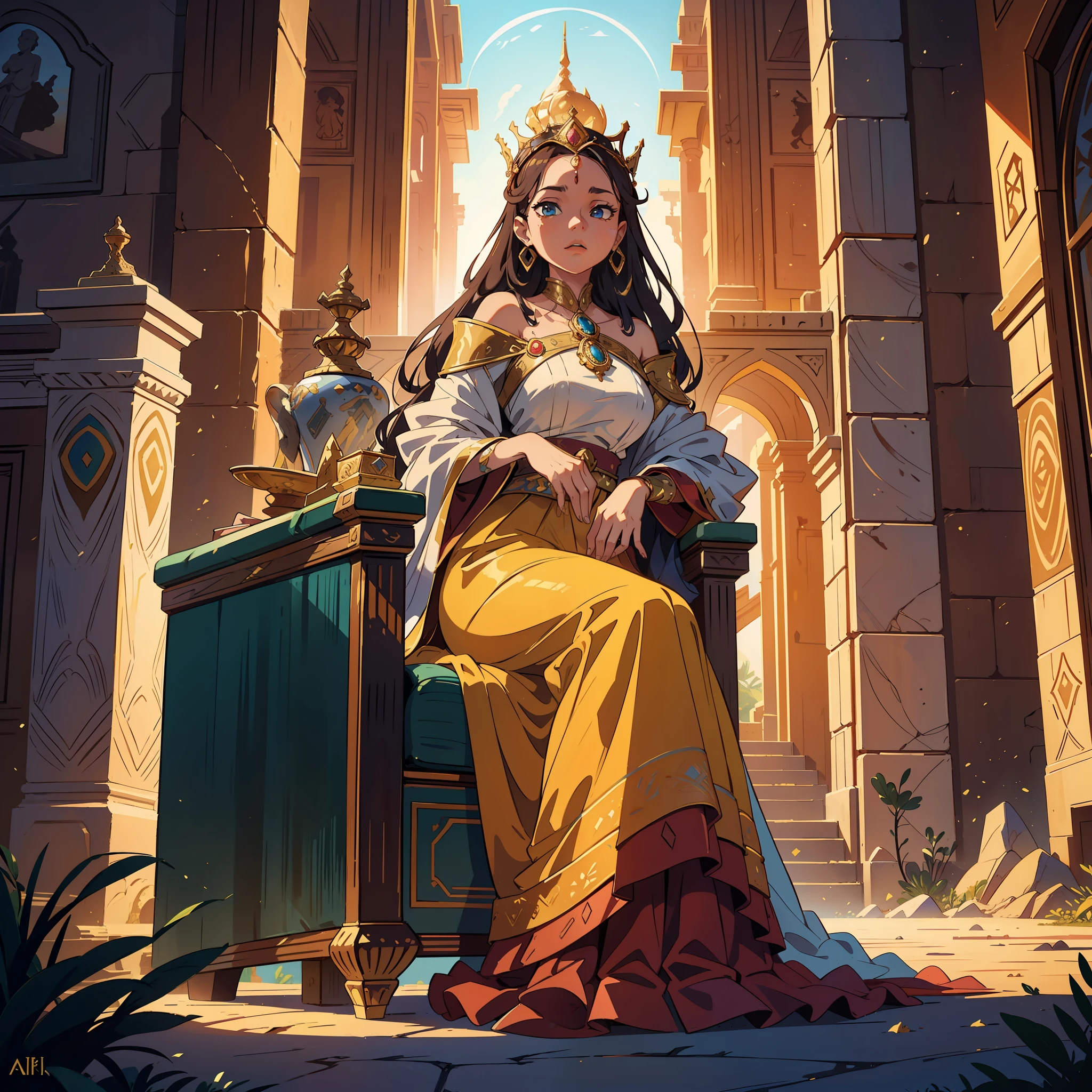 Step into a mesmerizing world of ancient splendor as you witness the grandeur of a Sub-Saharan Queen seated regally on her throne in a magnificent desert palace. This Leonardo.ai prompt offers a captivating cinematic low-angle shot, immersing you in the opulence and power of a powerful monarch ruling over a vast and arid kingdom.