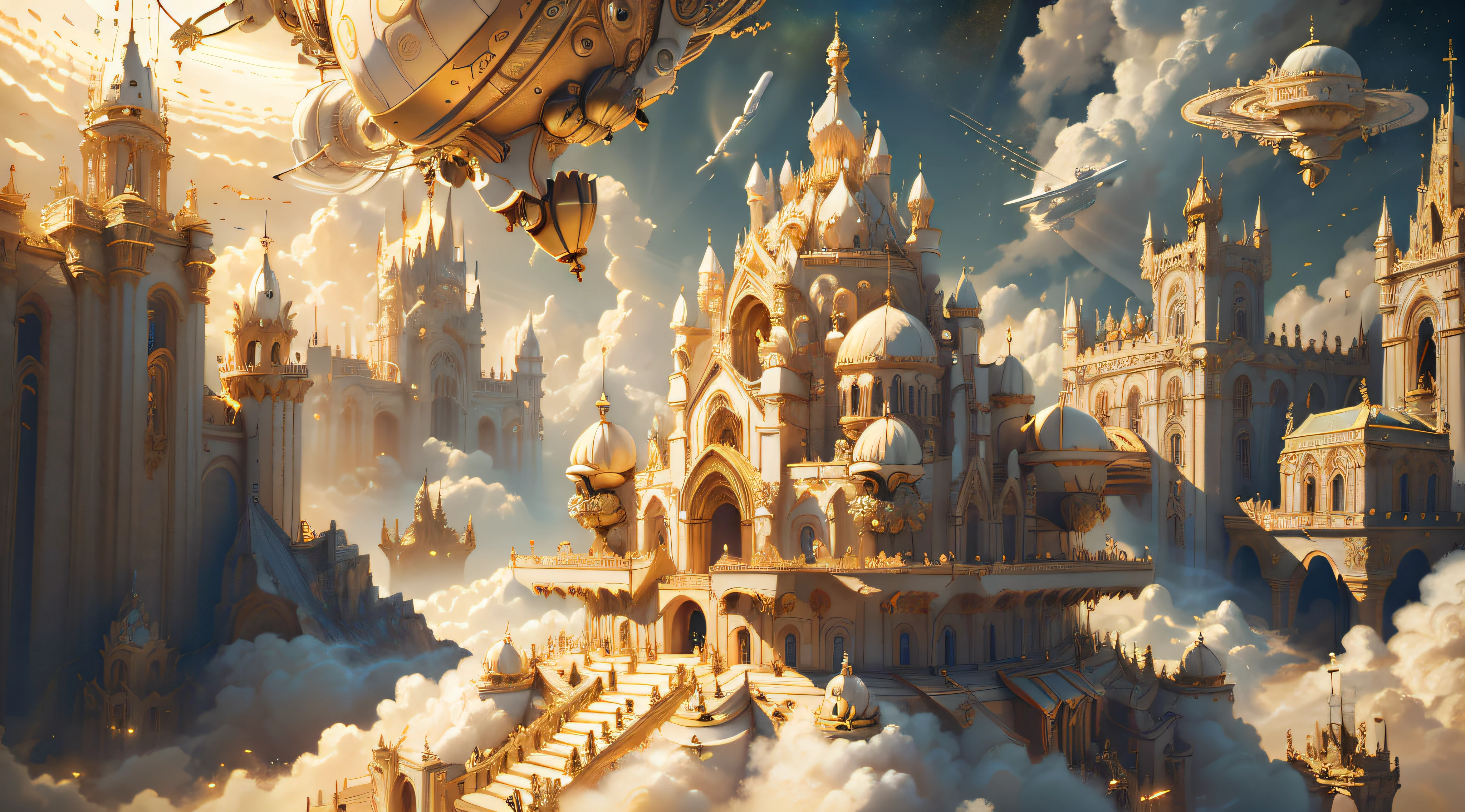 (((masterpiece))),best quality, illustration, IvoryGoldAI spaceship in space, castle complex in the background, extremely detailed, masterpiece, 8k quality