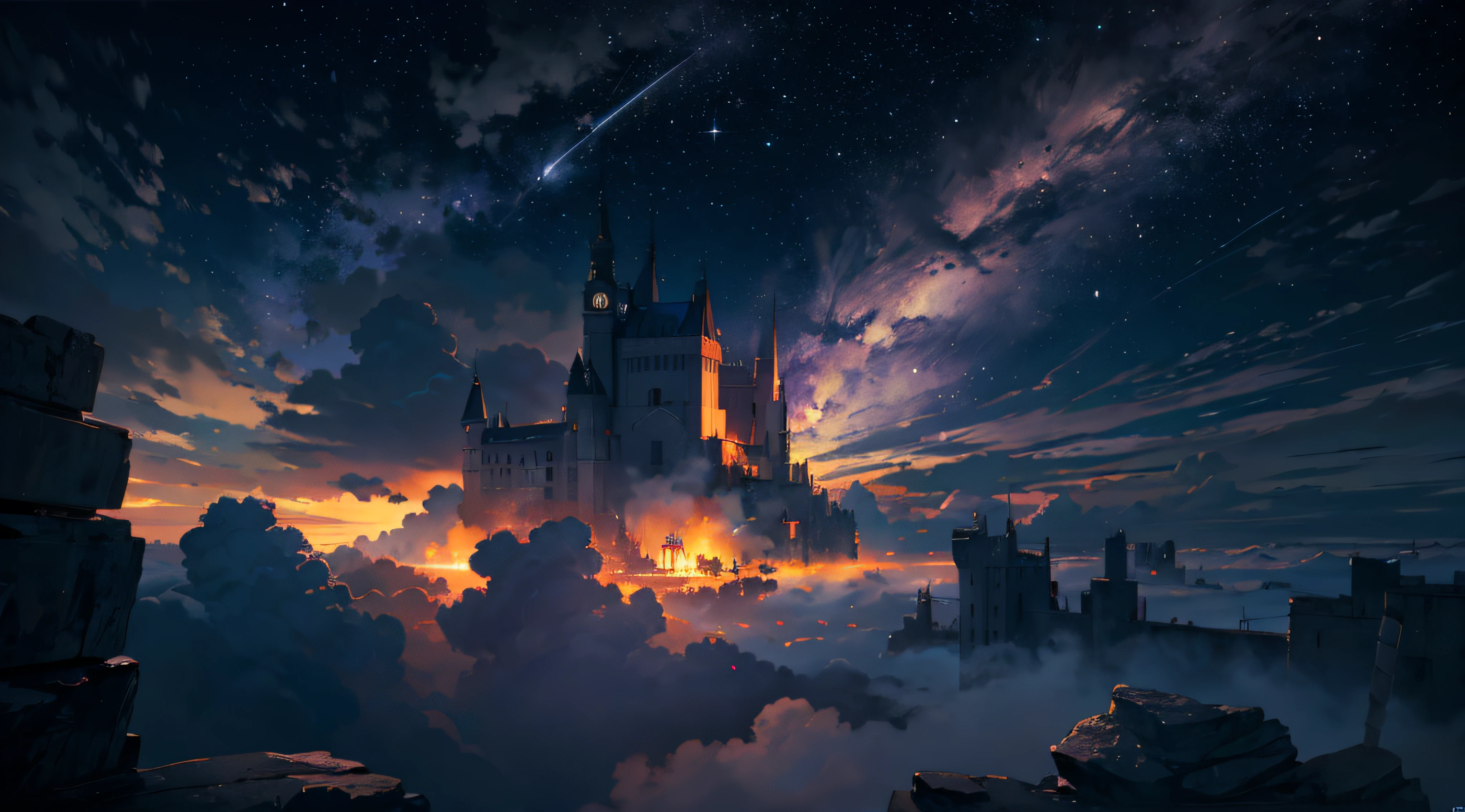 Expansive landscape photograph,(moon full:1.2),(meteors:0.9),(Starcloud:1.3),(Warm light source:1.2),(glowworm:1.2),lamp lights,Lots of purple and orange,Complicated details,Volumetriclighting,Realism BREAK(tmasterpiece:1.2),(best qualtiy),8K,Ultra-detailed,(dynamic compositions:1.4),The is very detailed,Colorful details,(Irridescent color:1.2),(luminouslighting,Atmospheric lighting),dream magical,magical,(独奏:1.2),((best qualtiy)), ((tmasterpiece)), (the detail:1.4),depth of fields,maximum definition and sharpness,perfectly proportions,Fluttering clouds,Wallpapers